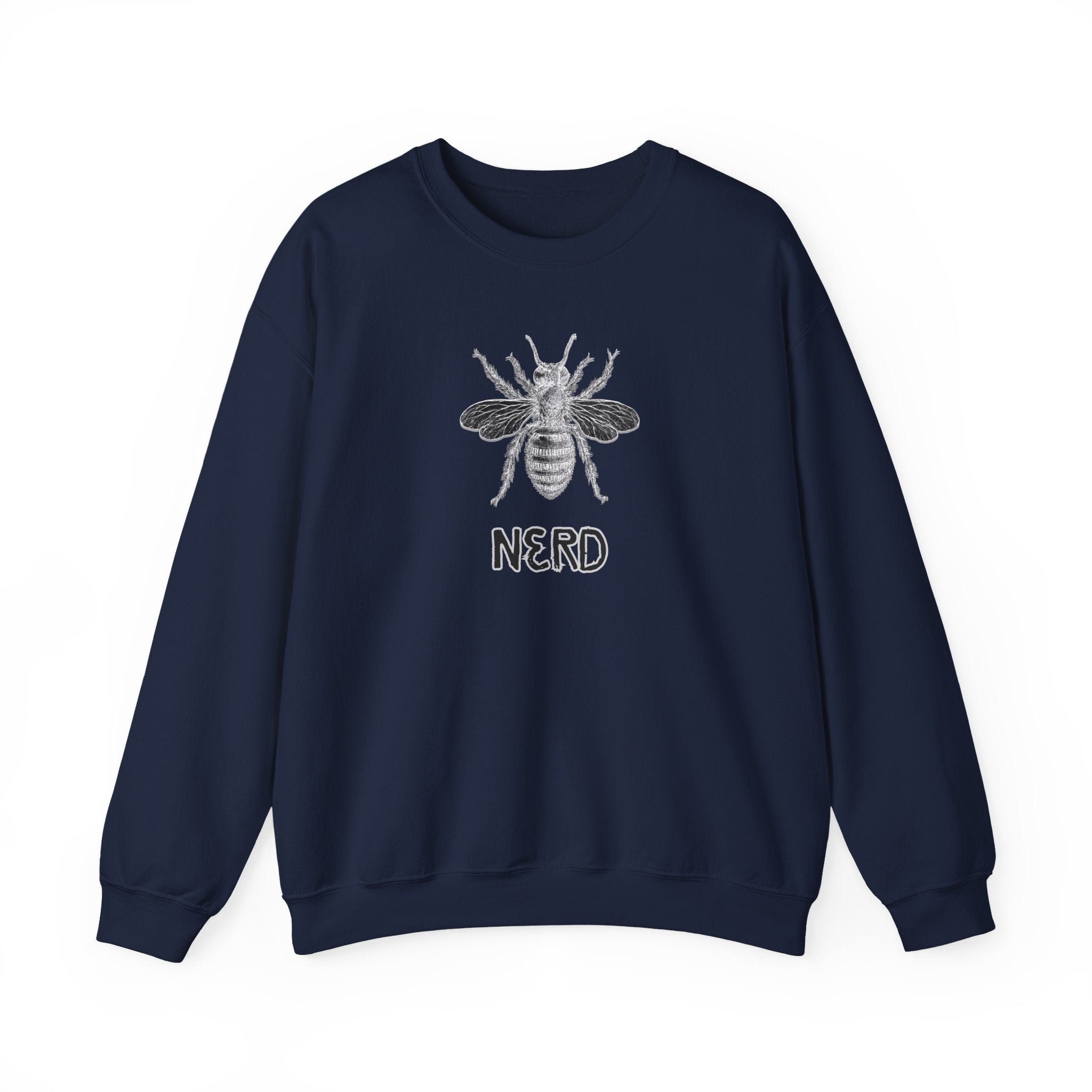 Navy blue sweatshirt with bee graphic and 'NERD' text on a white background