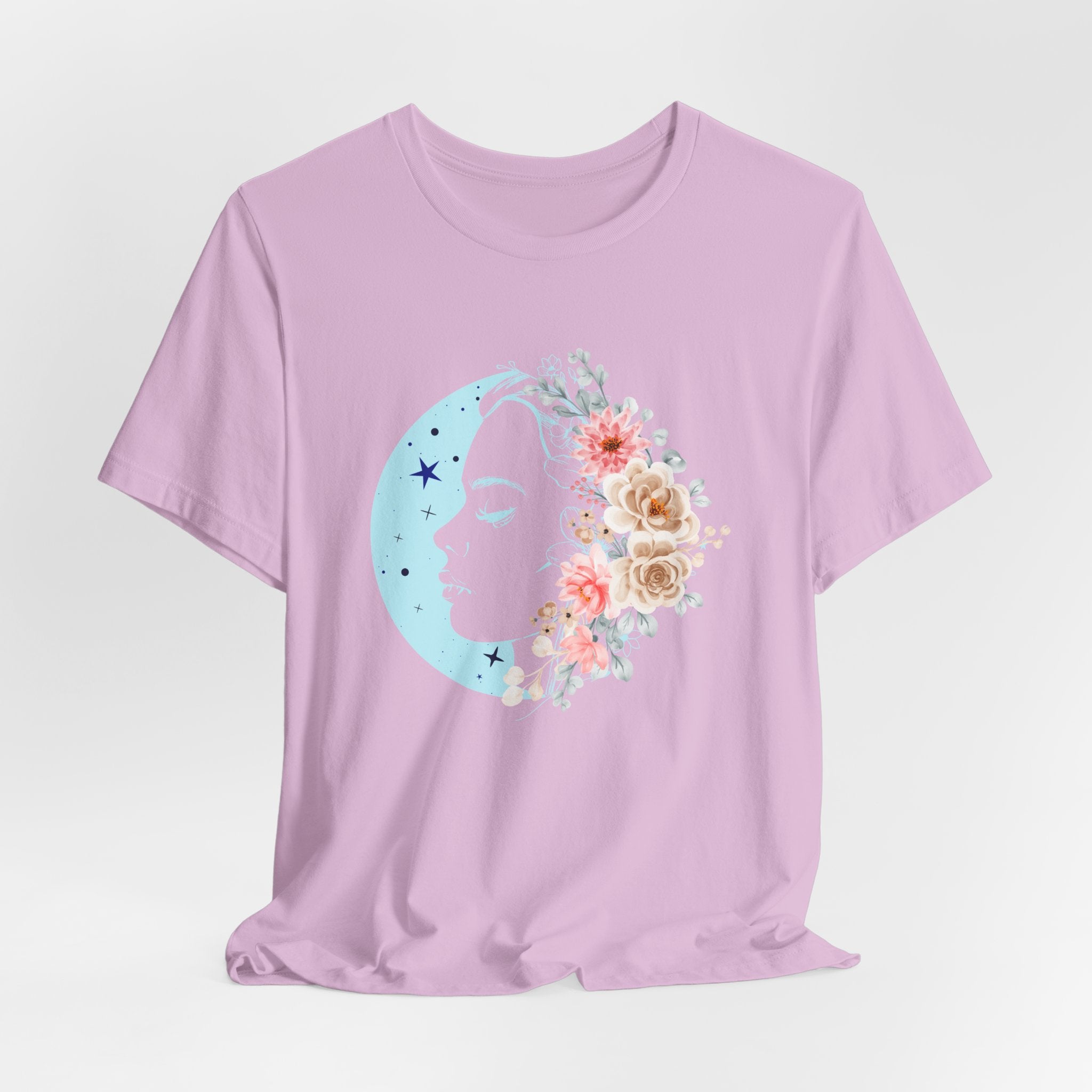 Lavender t-shirt with a floral moon design on a light gray background
