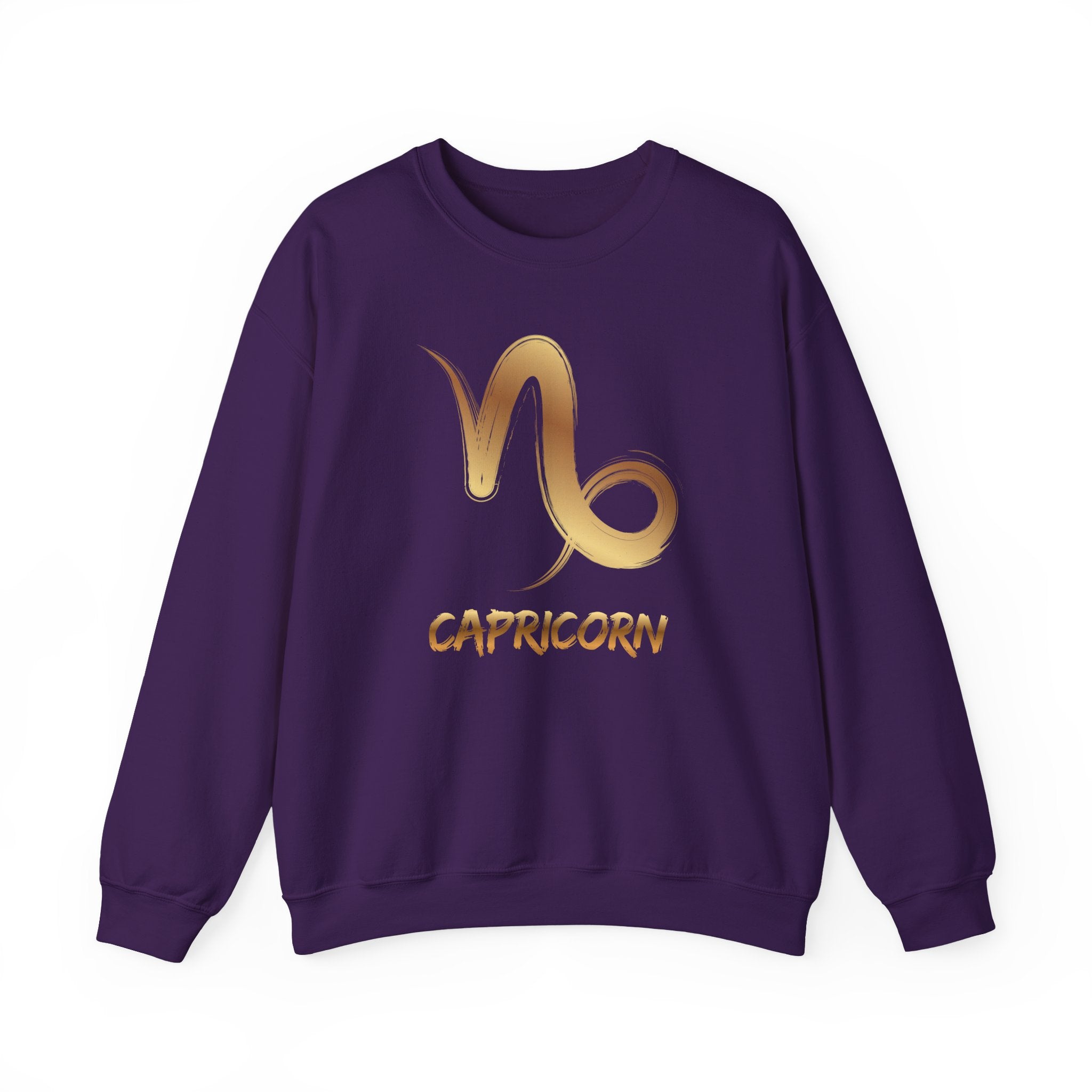 Purple sweatshirt with gold Capricorn symbol and text on a white background