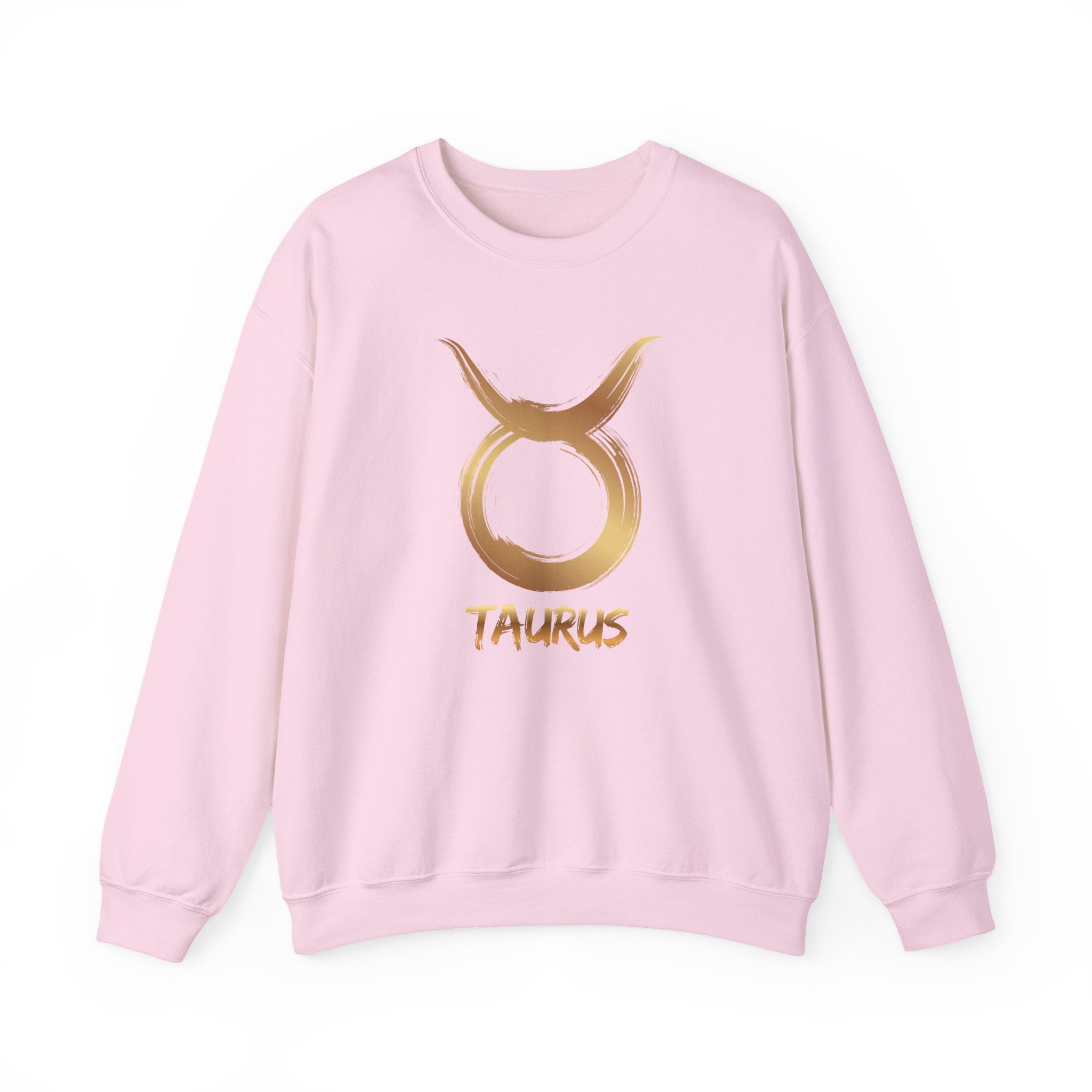 Pink sweatshirt with gold Taurus symbol and text on a white background