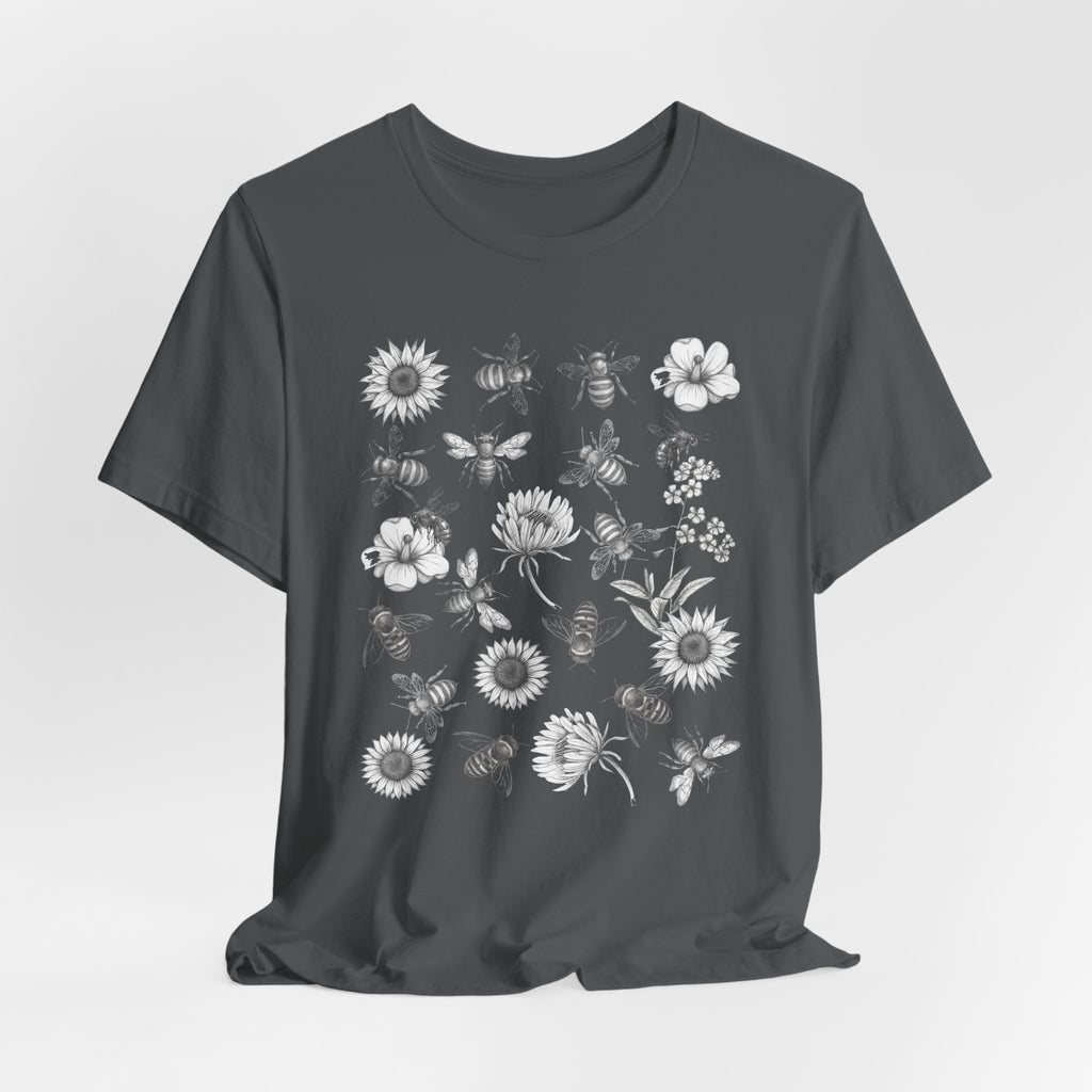 Gray t-shirt with white graphic design on a light gray background