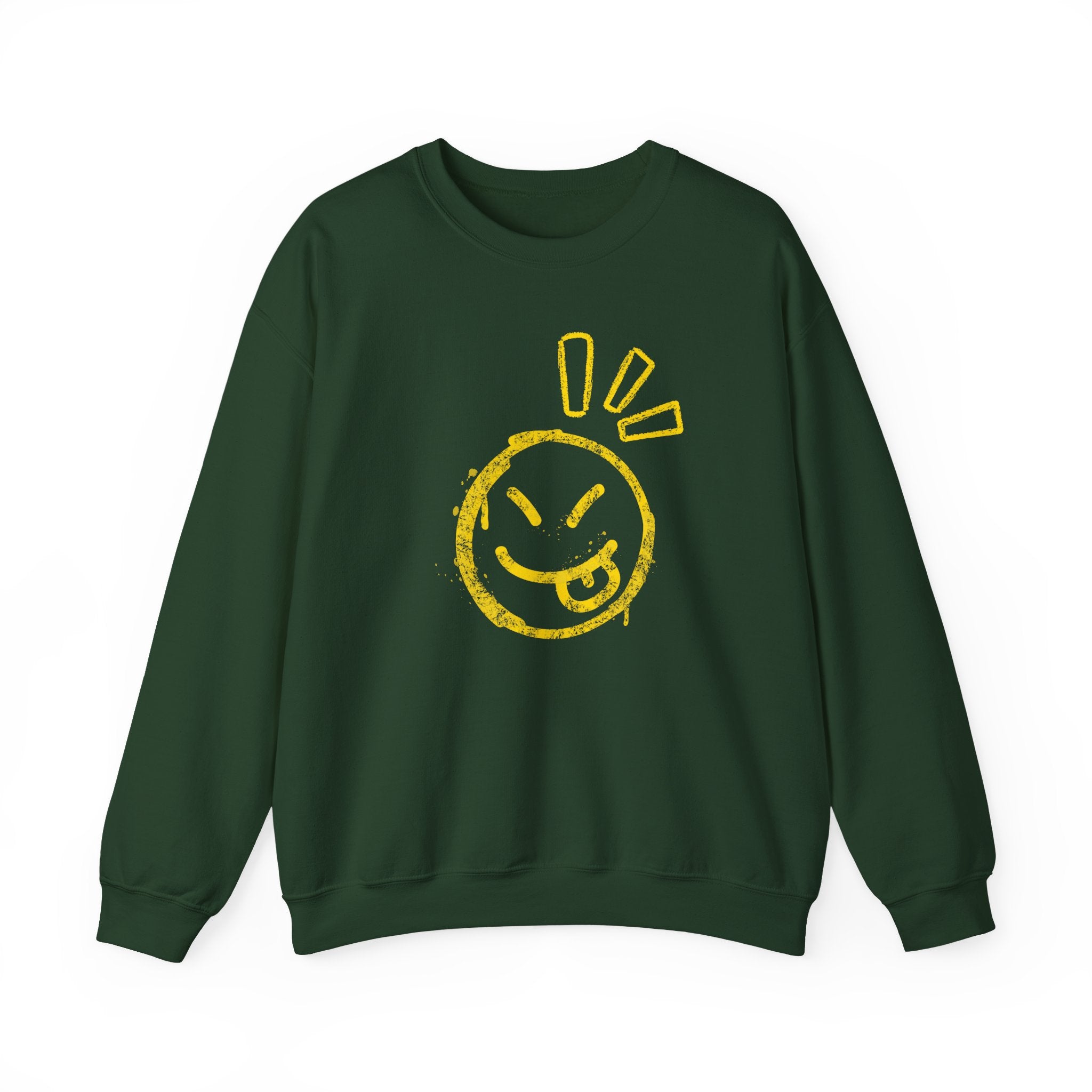 Green sweatshirt with a yellow smiley face design on a white background