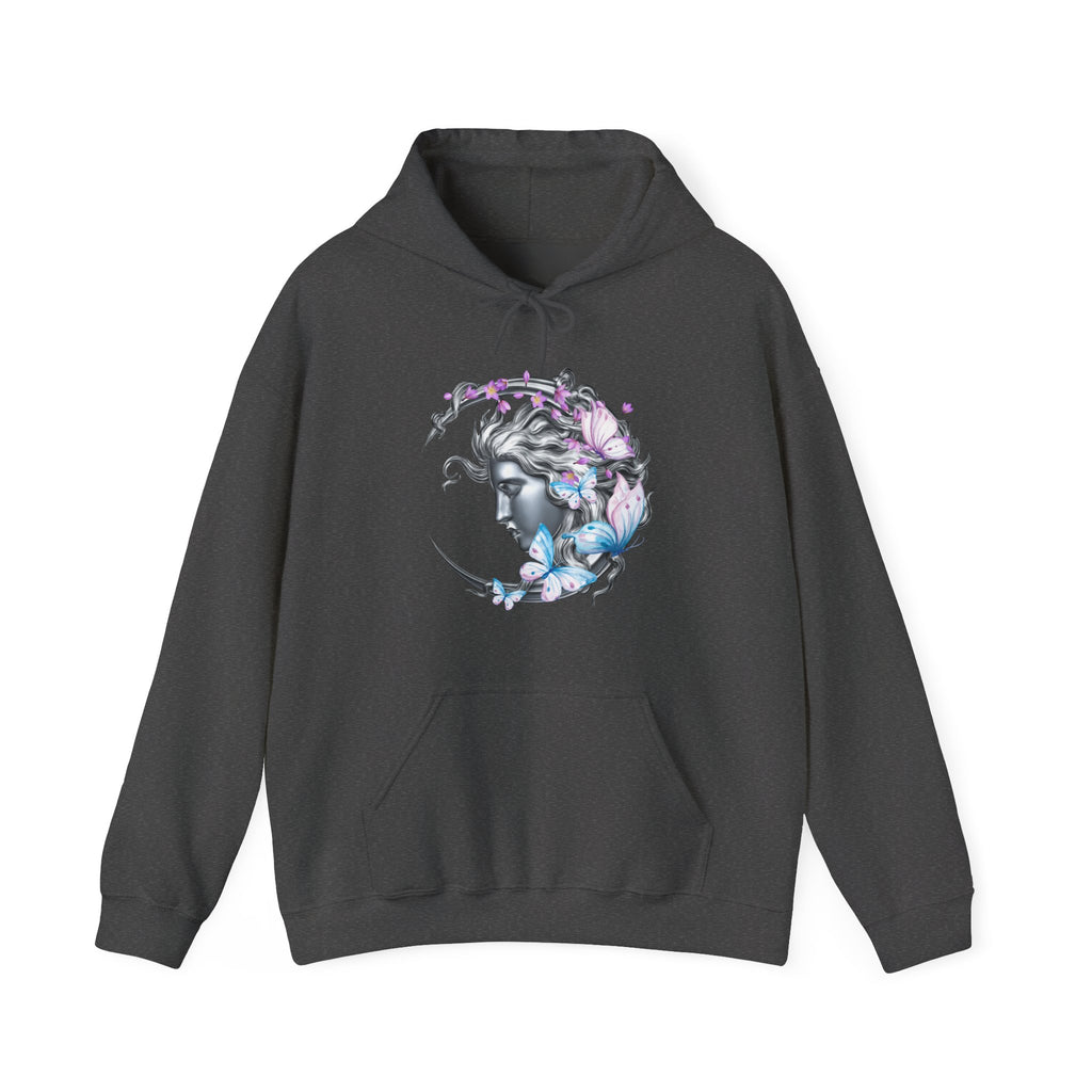 Dark gray hoodie with a woman and flower design on a white background