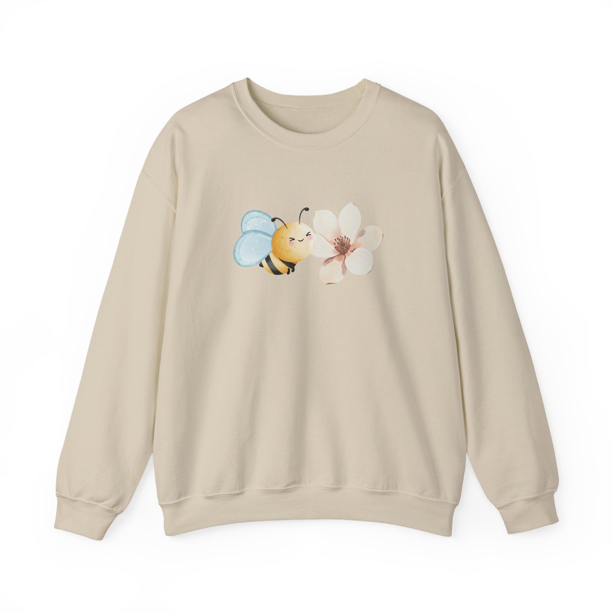 Beige sweatshirt with a bee and flower graphic on a white background
