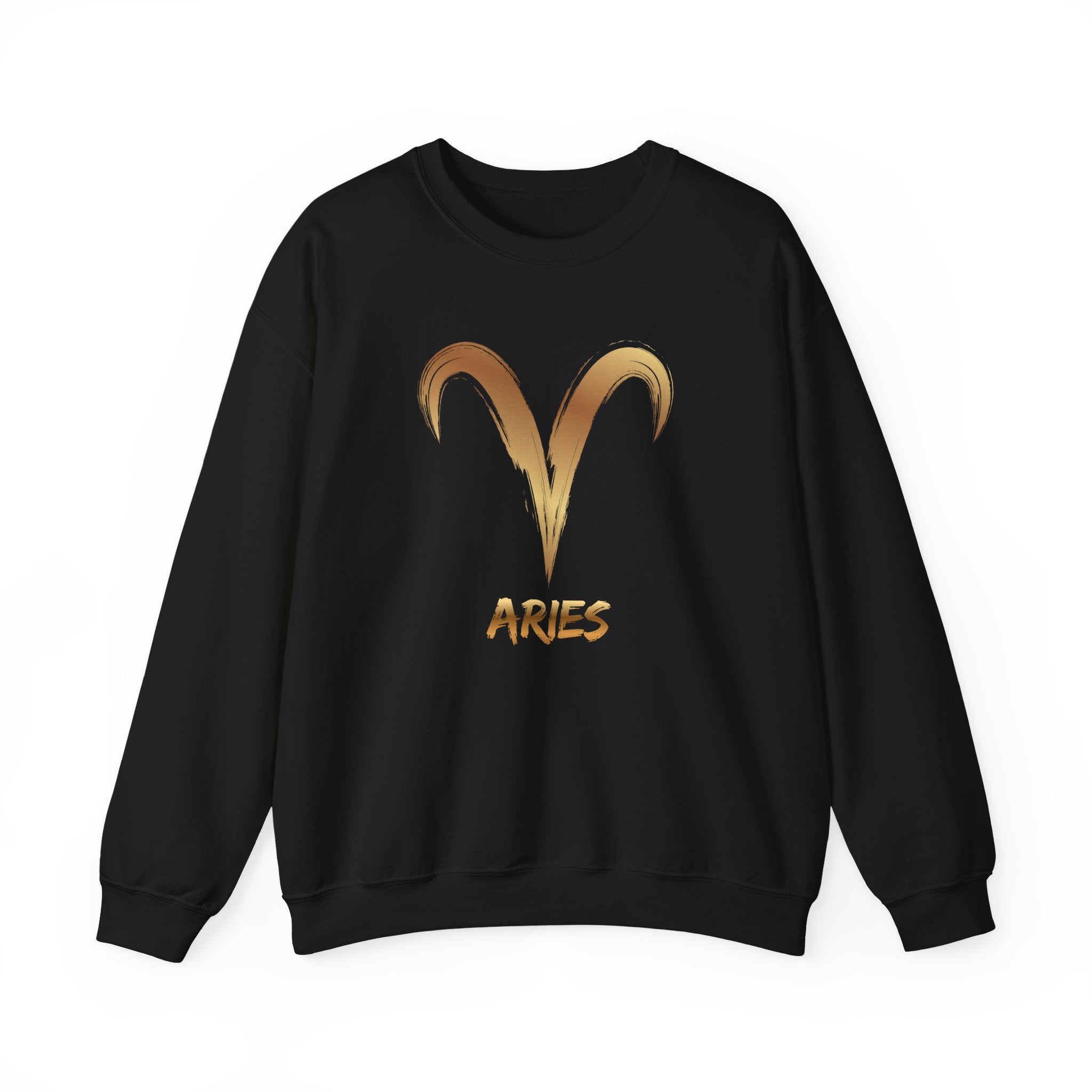 Black sweatshirt with gold Aries symbol and text on a white background