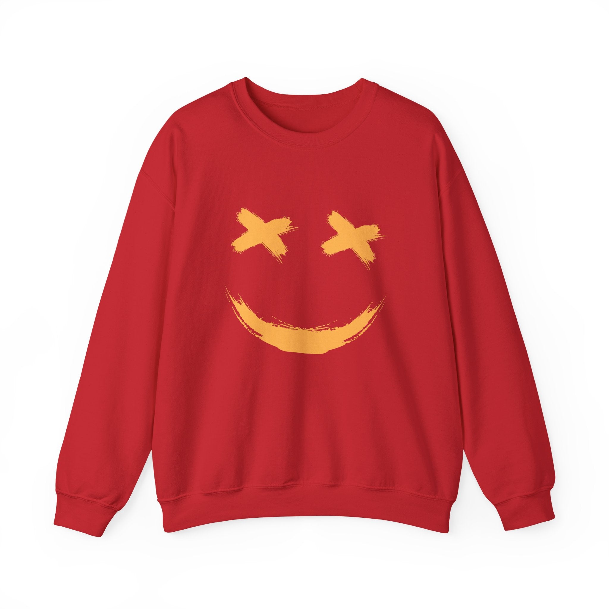 Red sweatshirt with a yellow smiley face design on a white background