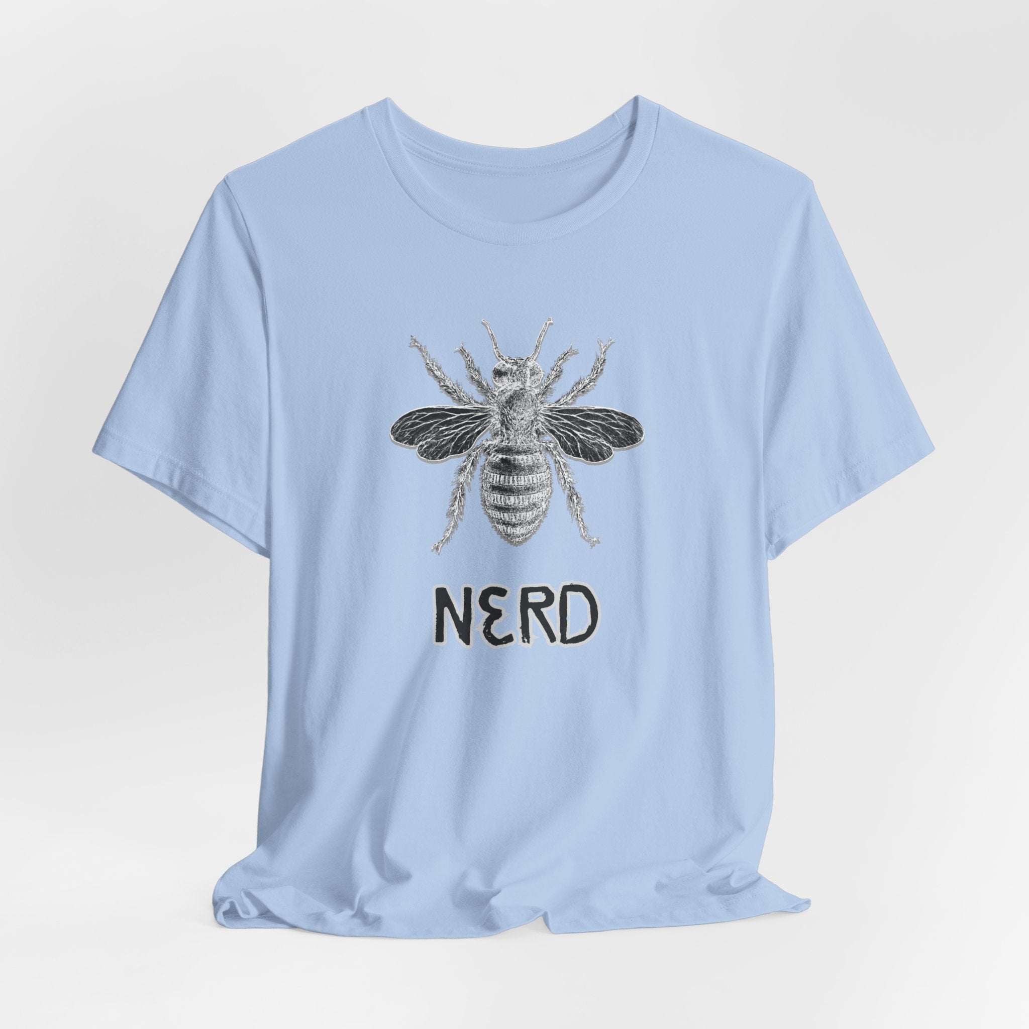 Light blue t-shirt with bee graphic and 'NERD' text on a white background