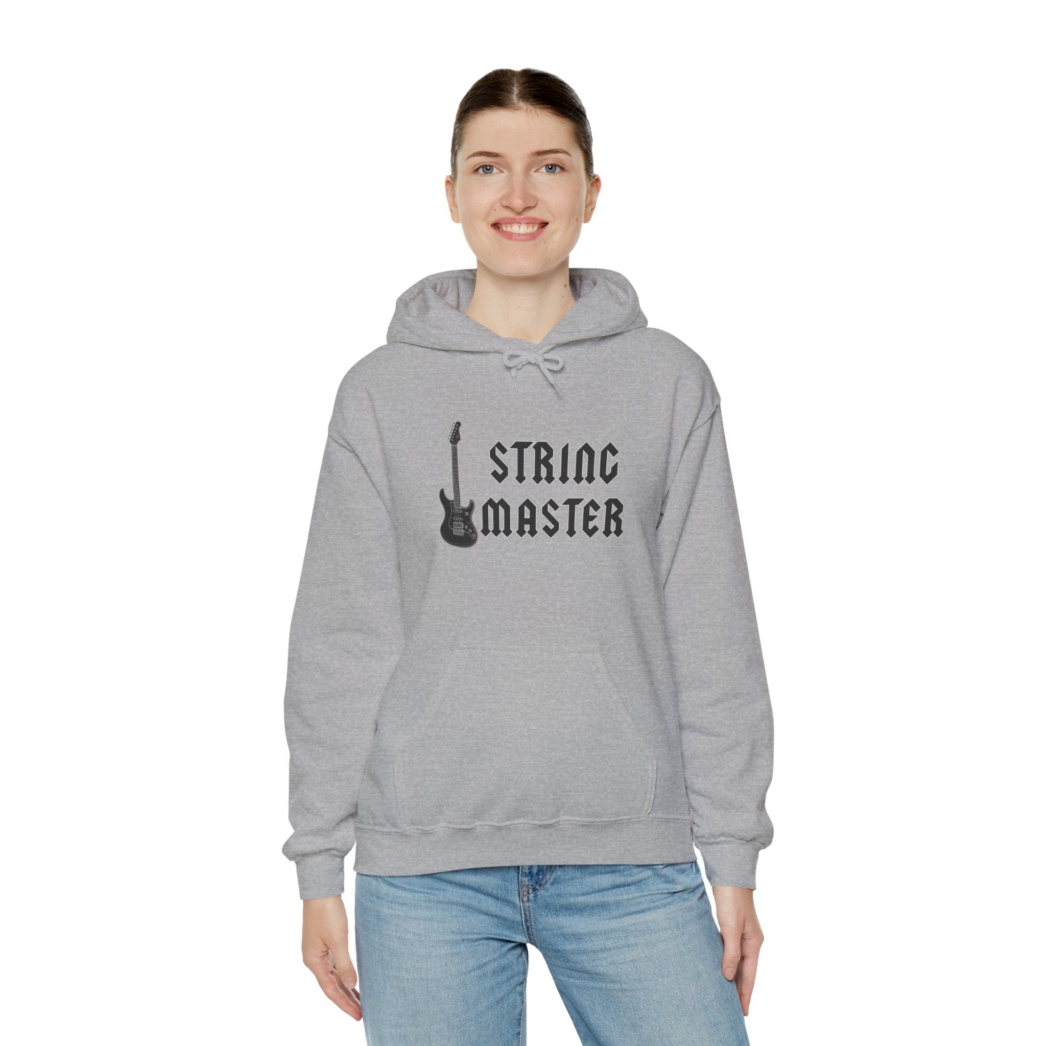 Person wearing a gray hoodie with 'String Master' text and graphic on a white background