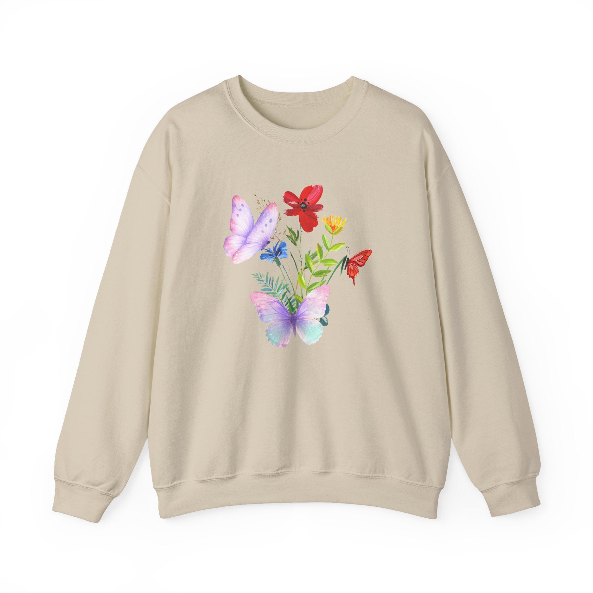 Beige sweatshirt with colorful butterfly and flower design on a white background