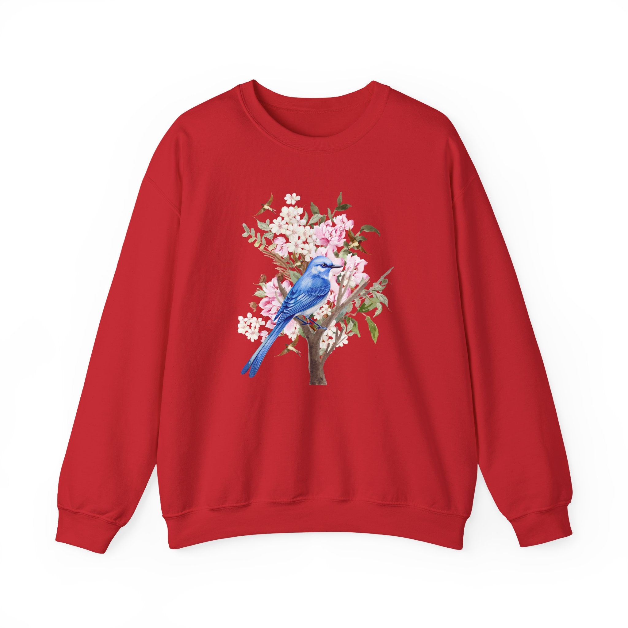Red sweatshirt with a blue bird and floral design on a white background