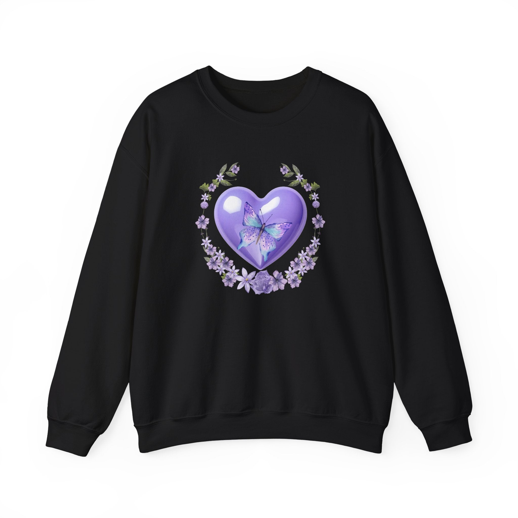 Black sweatshirt with a purple heart and butterfly design on a white background