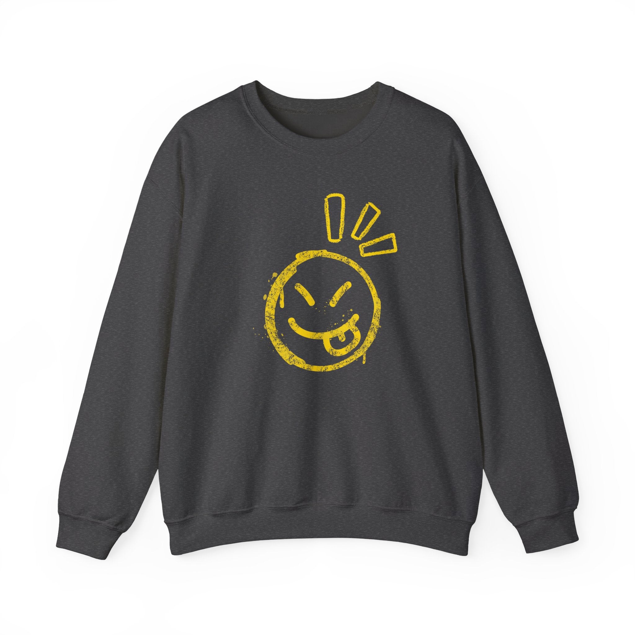 Gray sweatshirt with a yellow smiley face design on a white background