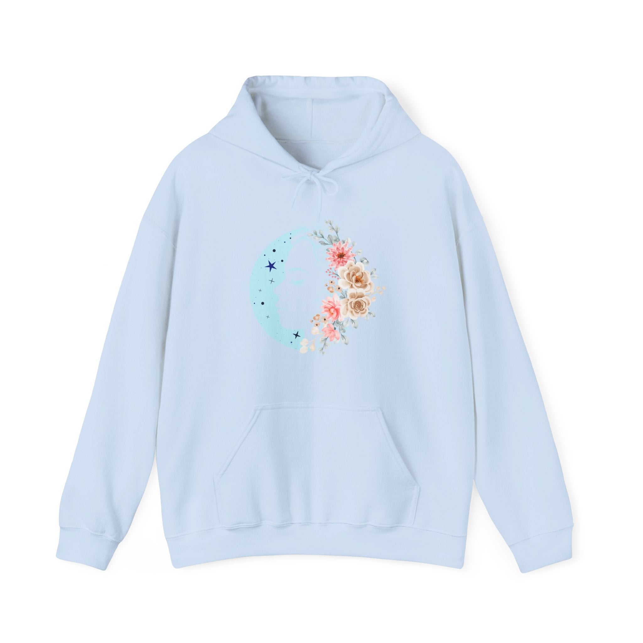 Light blue hoodie with floral face moon design on a white background
