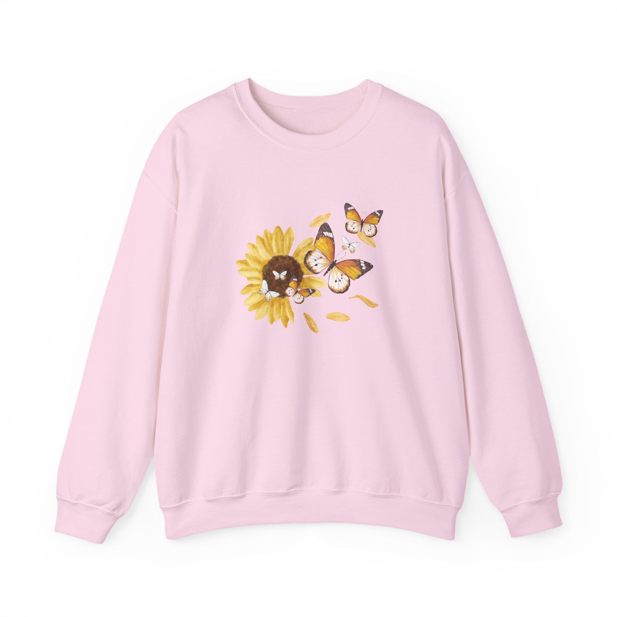 Pink sweatshirt with a sunflower and butterfly design on a white background