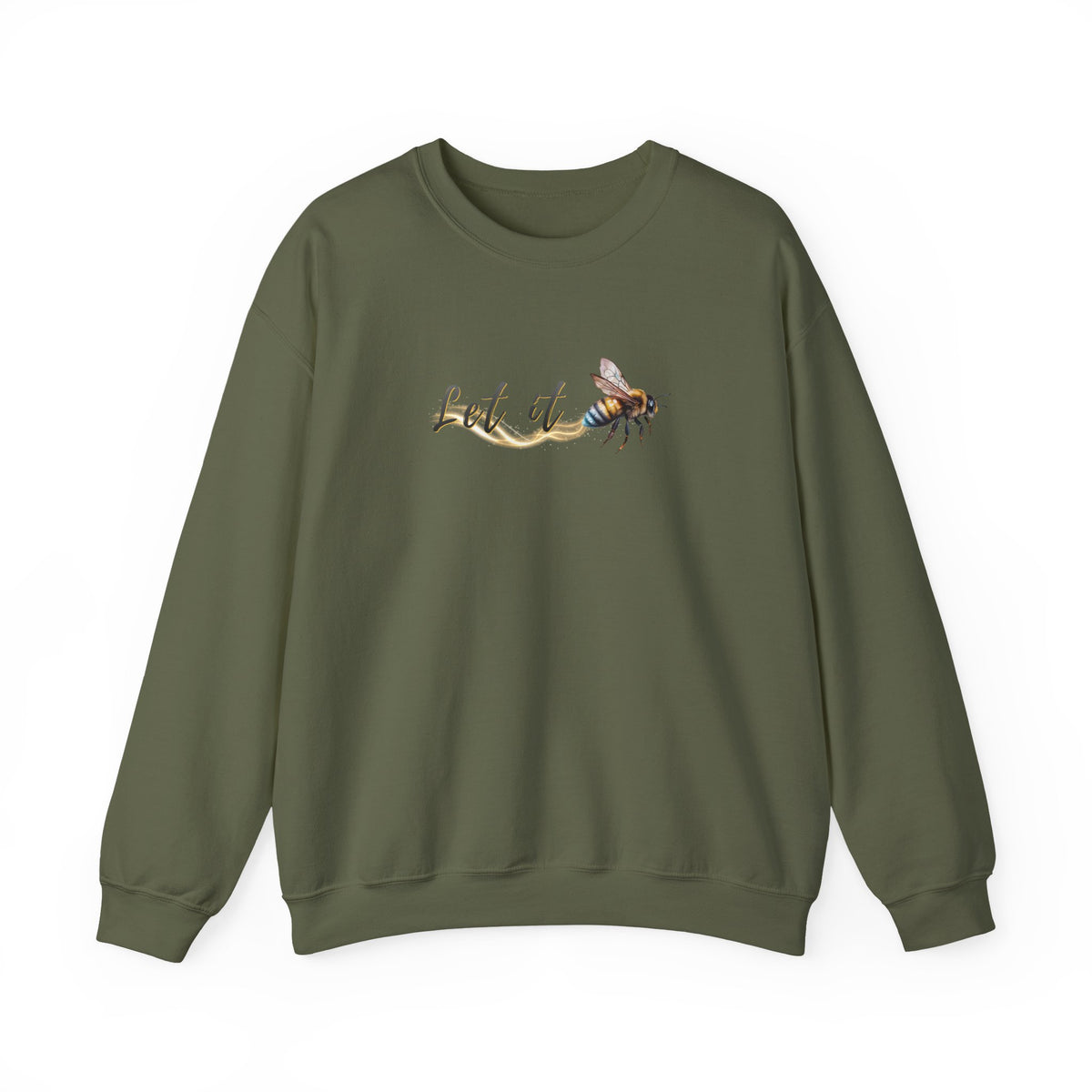 Green sweatshirt with a bee and 'Let It' text design on a white background