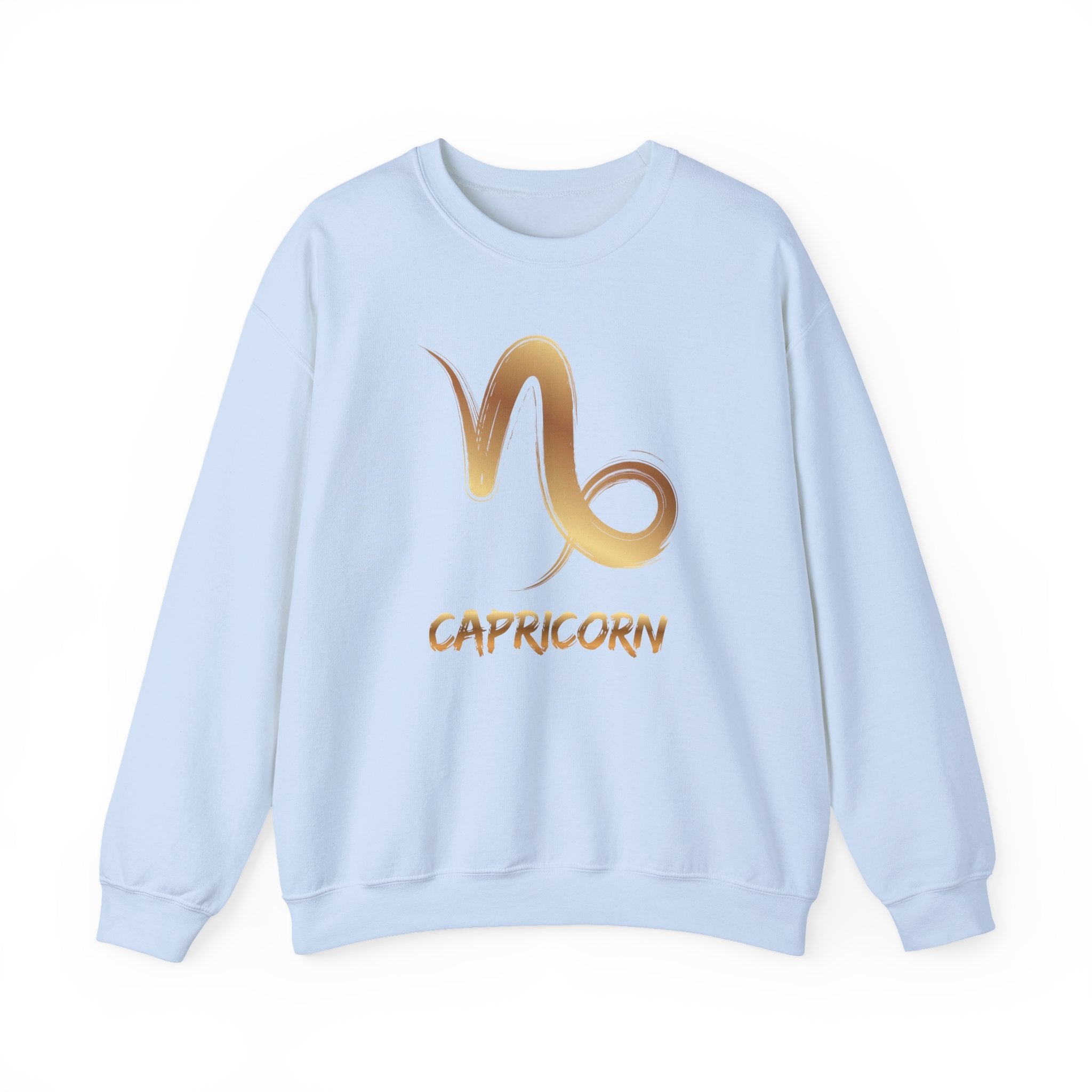 Light blue sweatshirt with gold Capricorn symbol and text on a white background