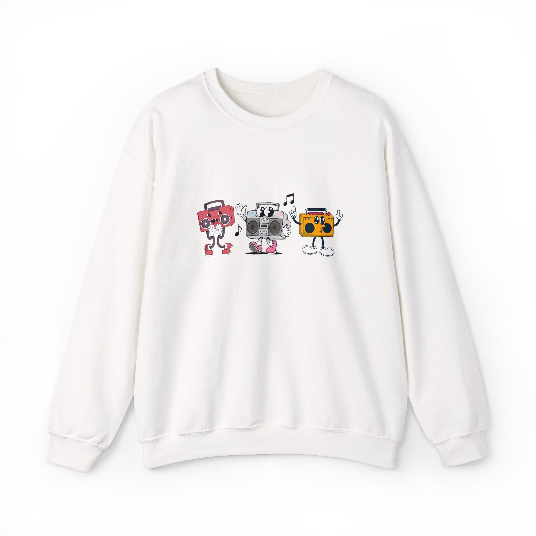 White sweatshirt with colorful graphic design on a white background