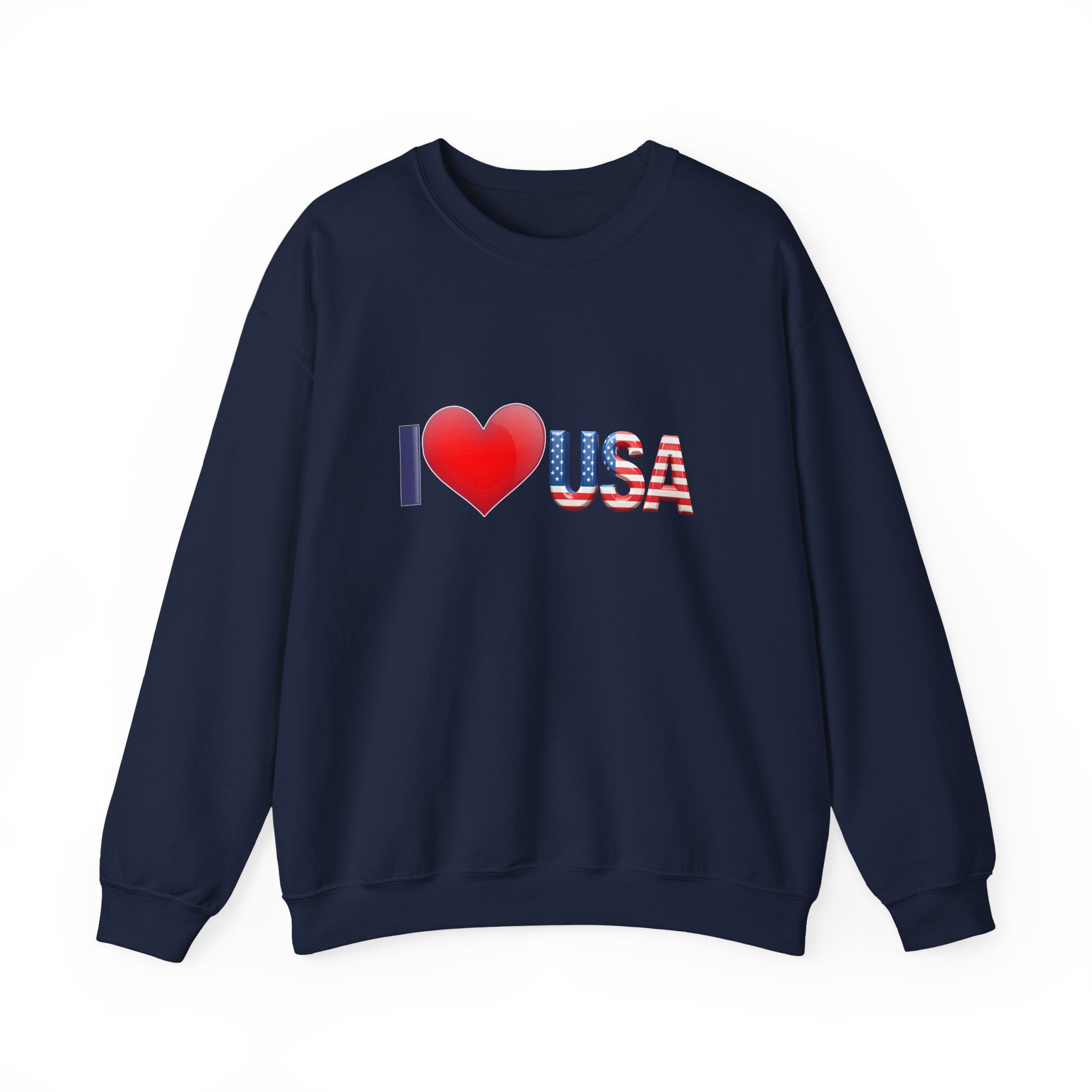 Navy blue sweatshirt with 'I ❤️ USA' text on a white background