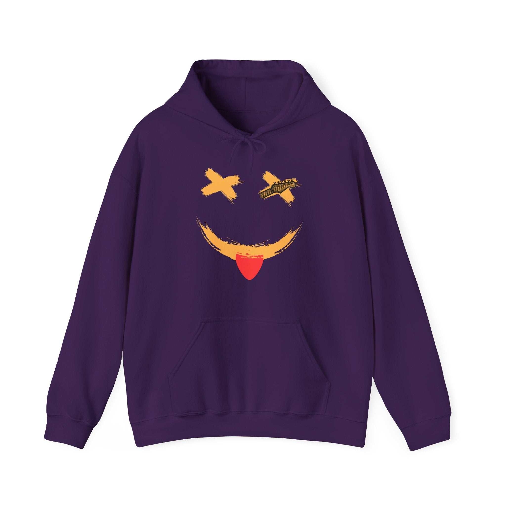 Purple hoodie with a smiley face guitar graphic design on a white background