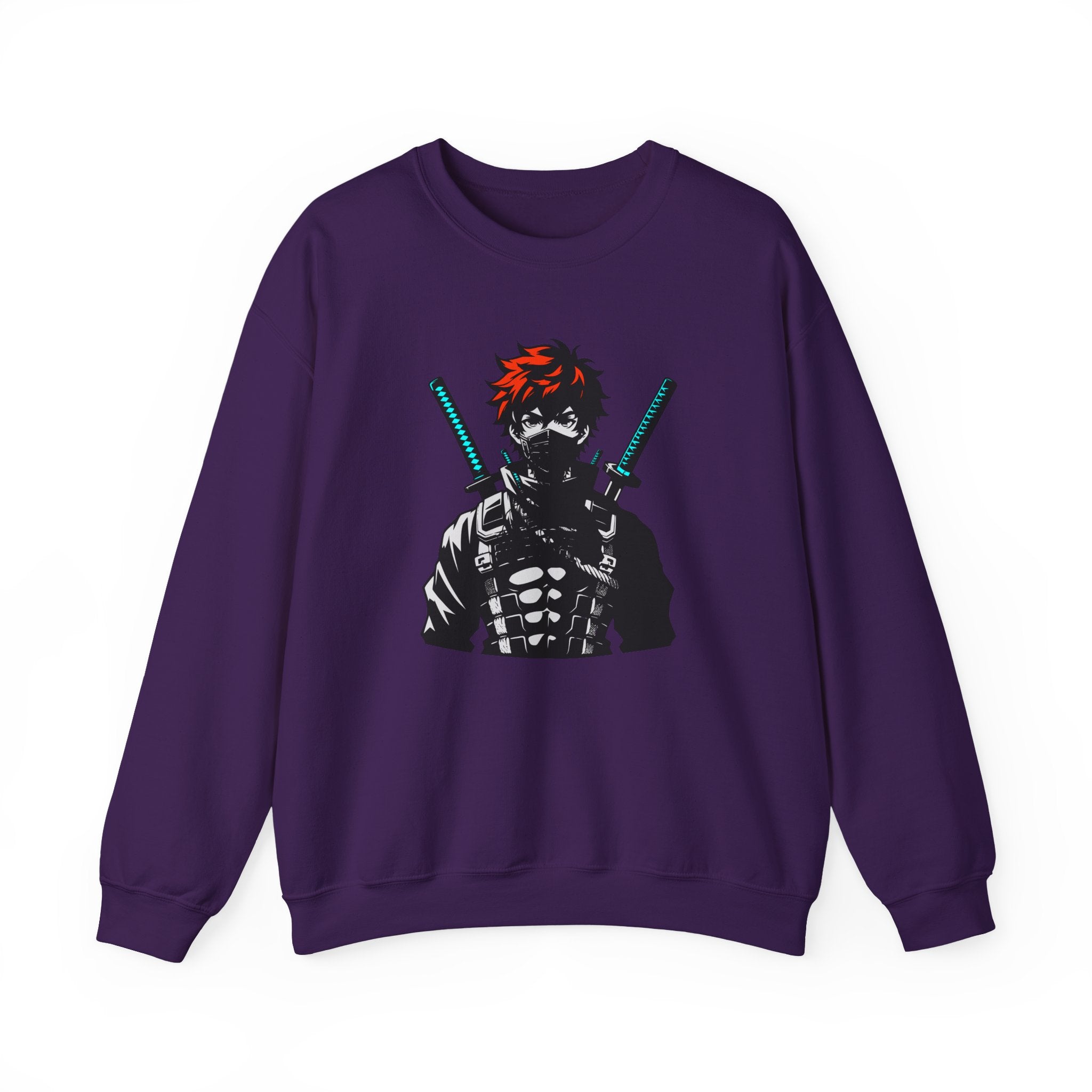 Purple sweatshirt with a graphic of a character holding swords on a white background