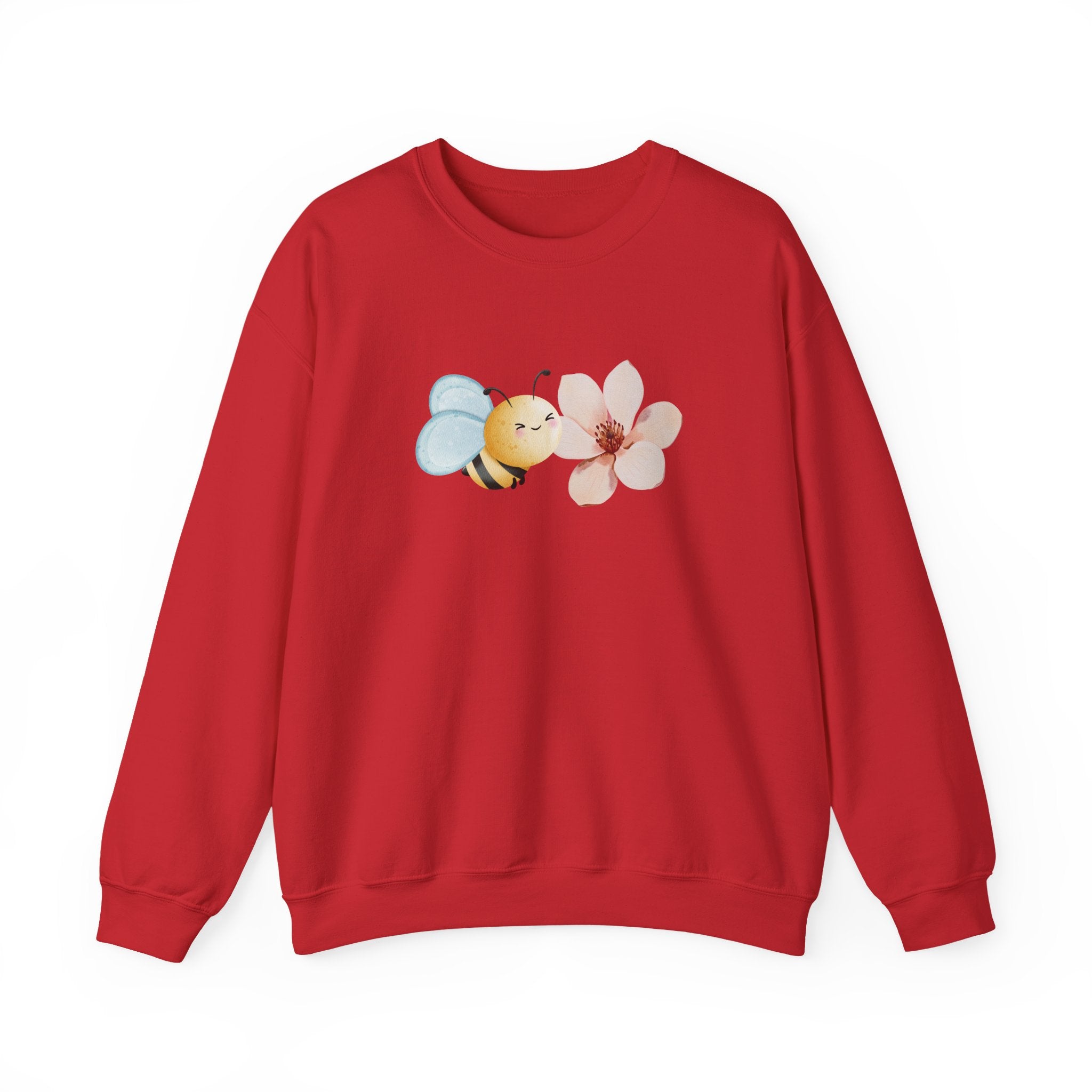 Red sweatshirt with a bee and flower design on a white background