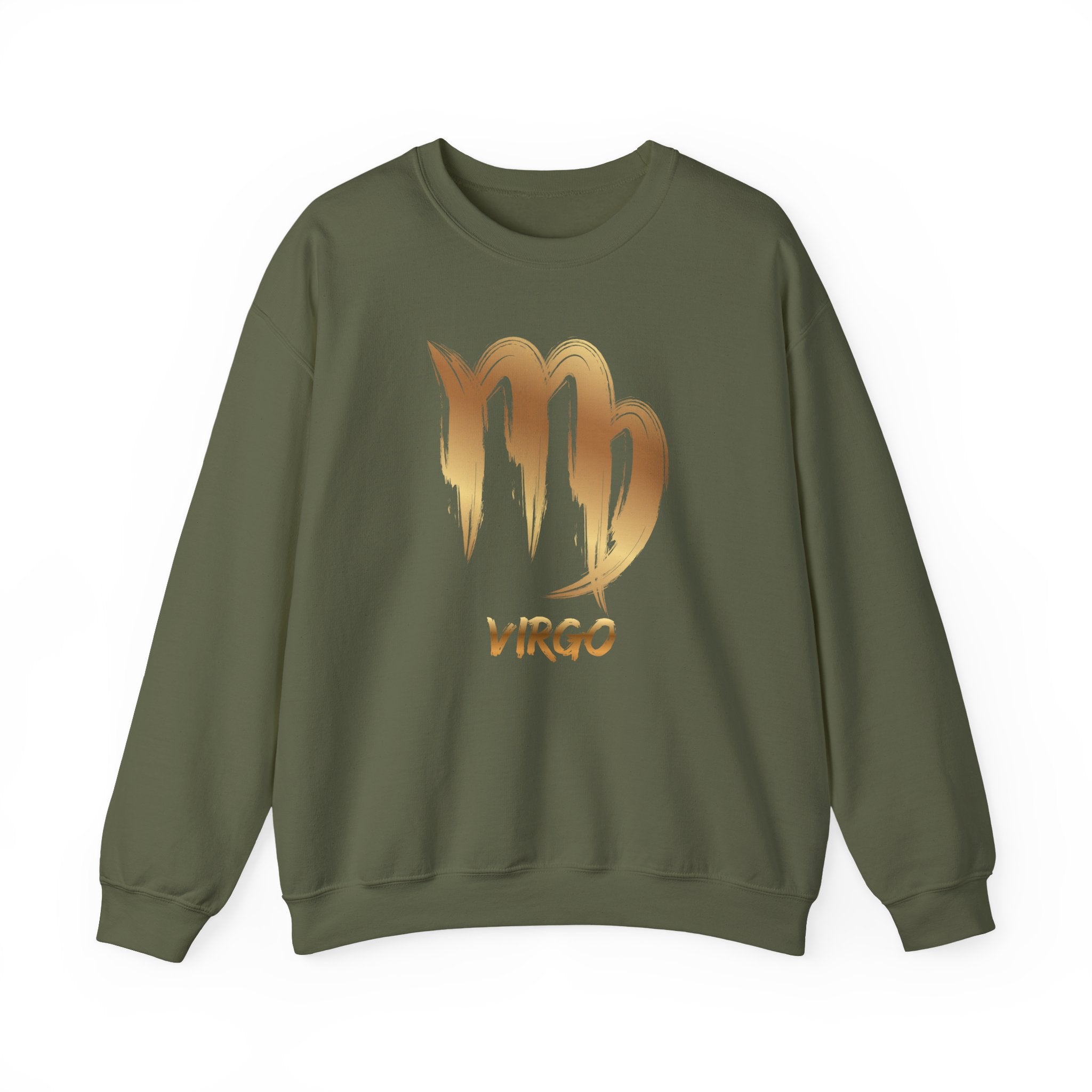 Green sweatshirt with gold Virgo zodiac sign design on a white background