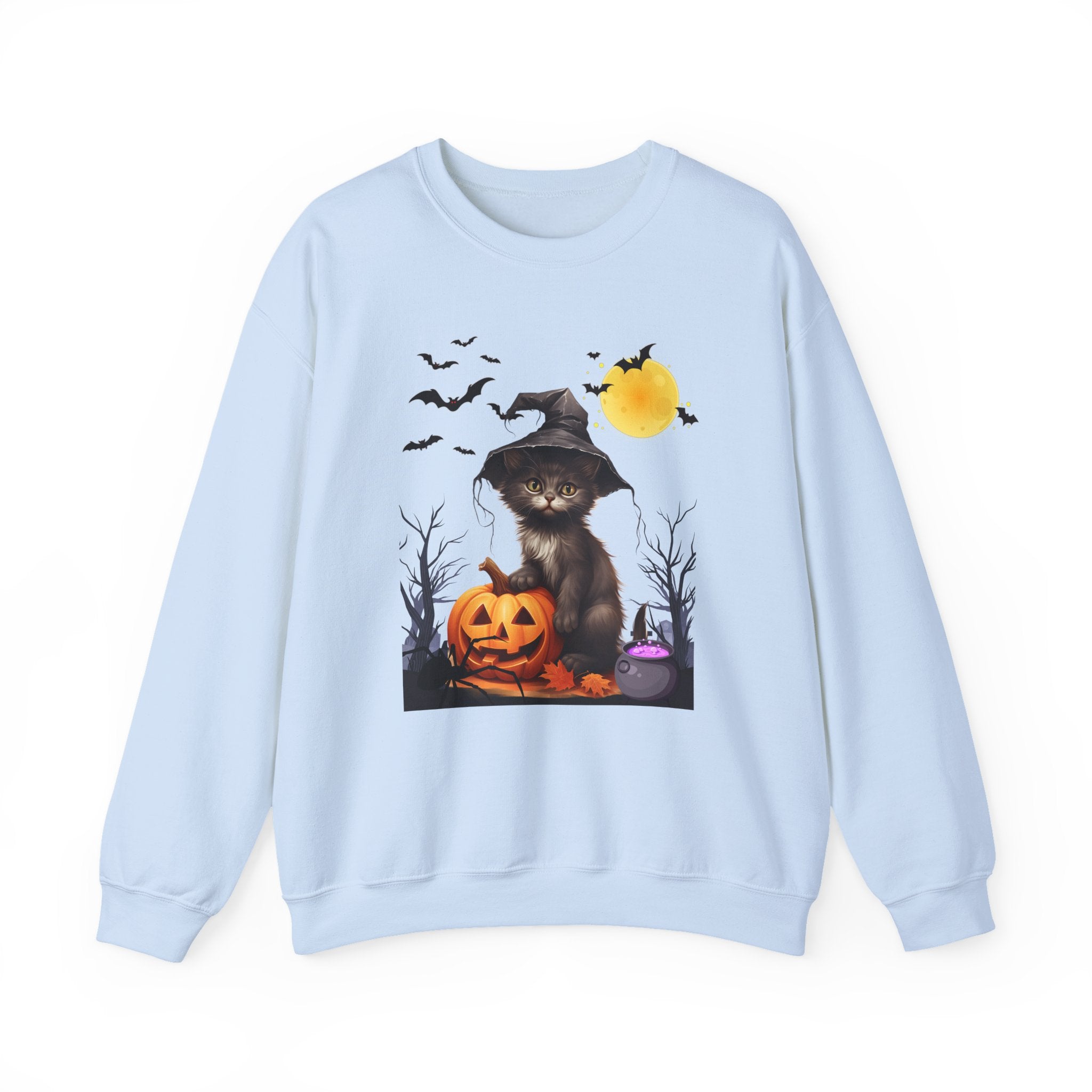 Light blue sweatshirt with Halloween-themed design featuring a cat in a witch hat and pumpkin.