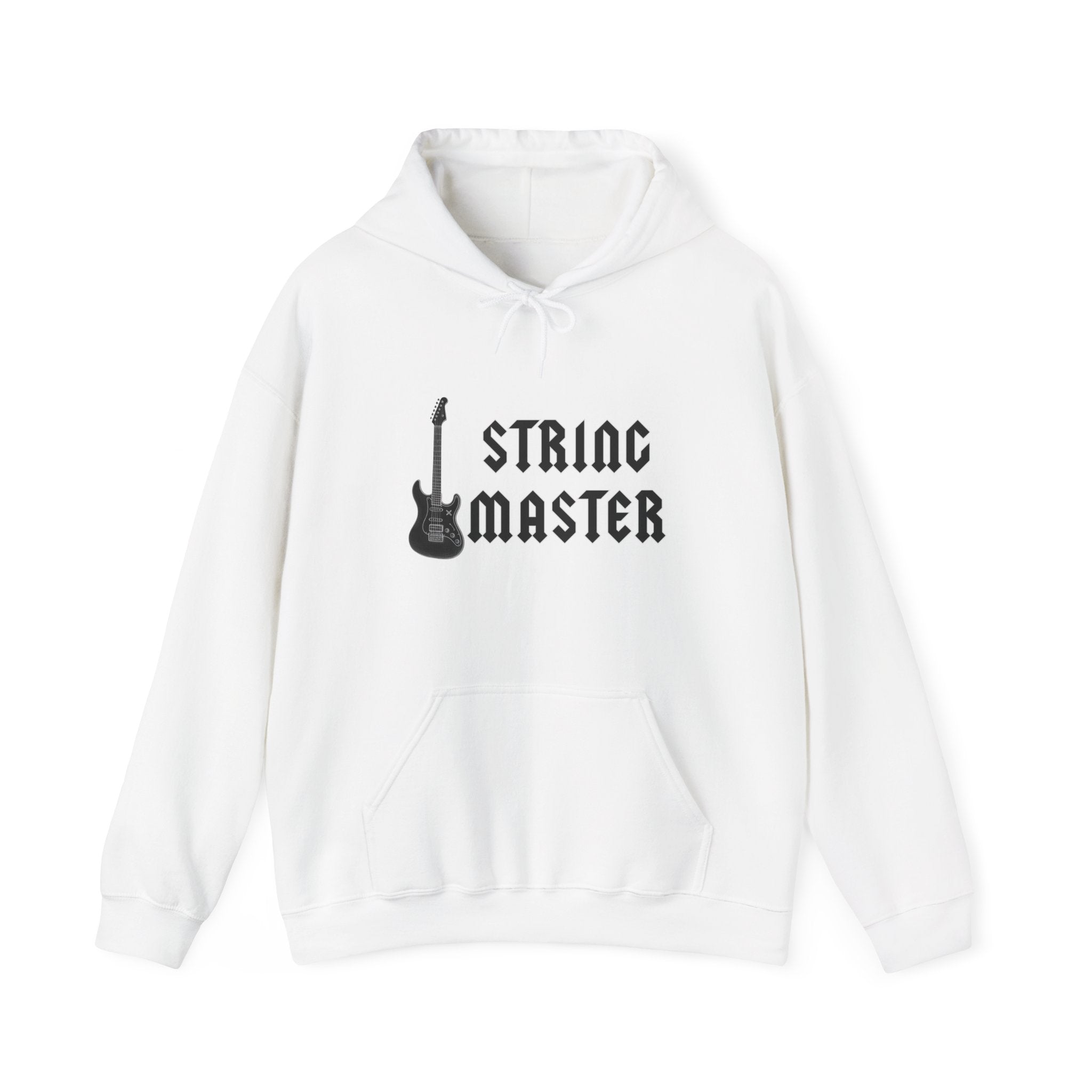 White hoodie with 'String Master' text and guitar graphic on a white background