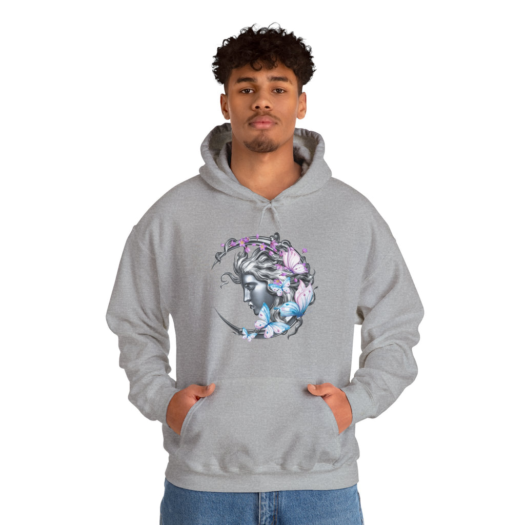 Person wearing a gray hoodie with a woman and flower design on a white background