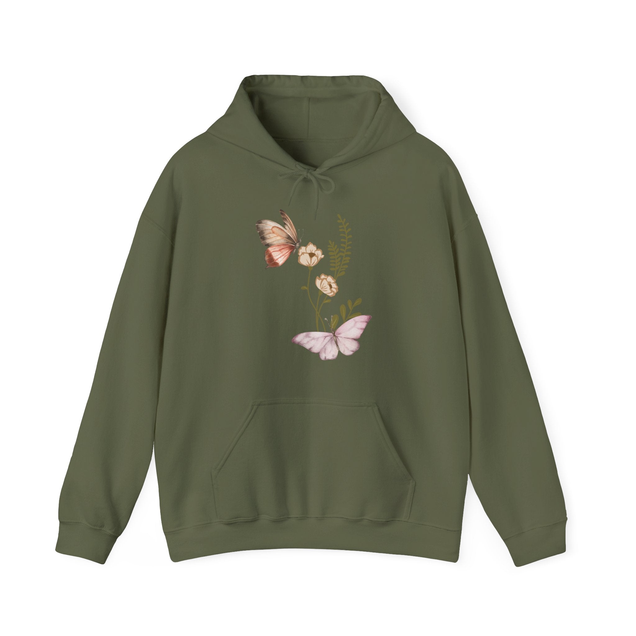 Military green hoodie with butterfly and floral design on a white background
