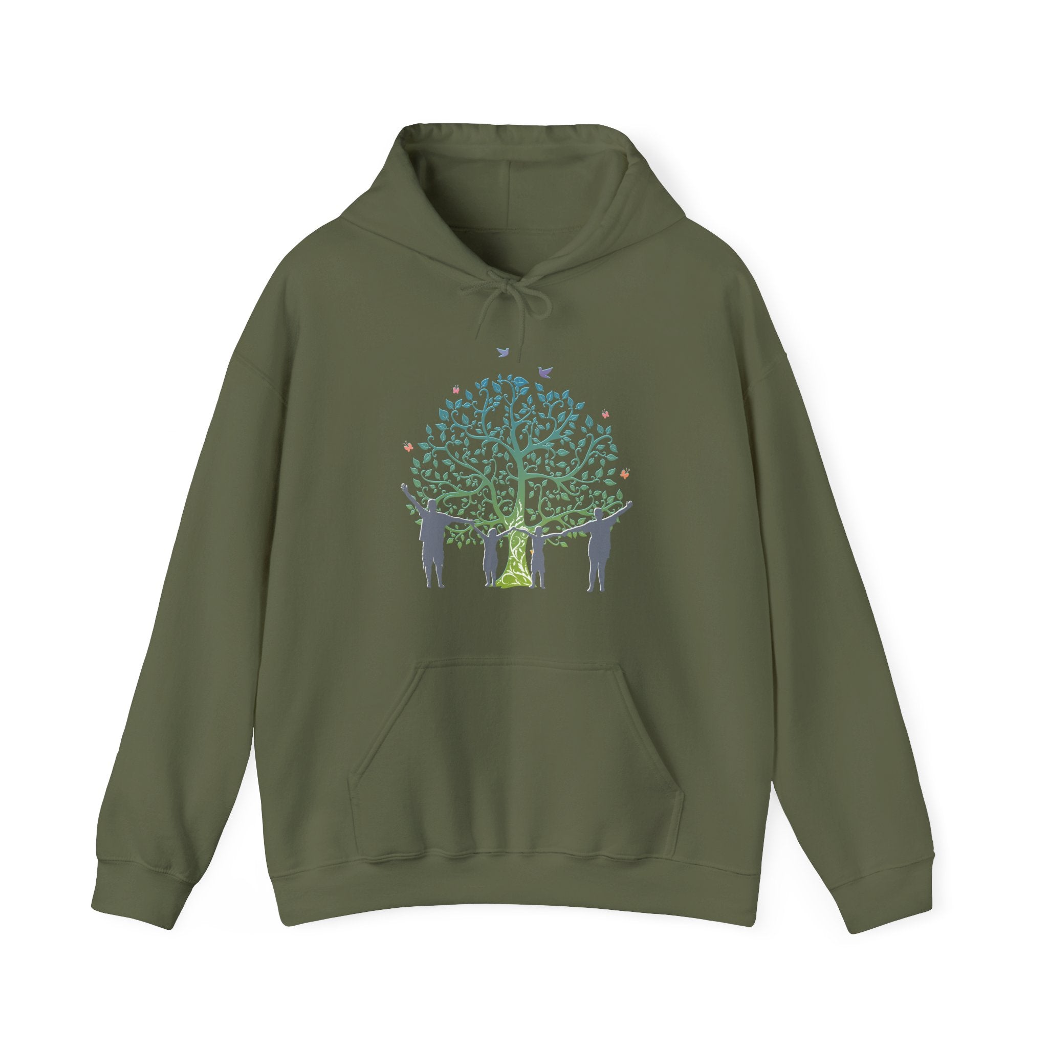 Military green hoodie with a graphic of people around a tree on a white background