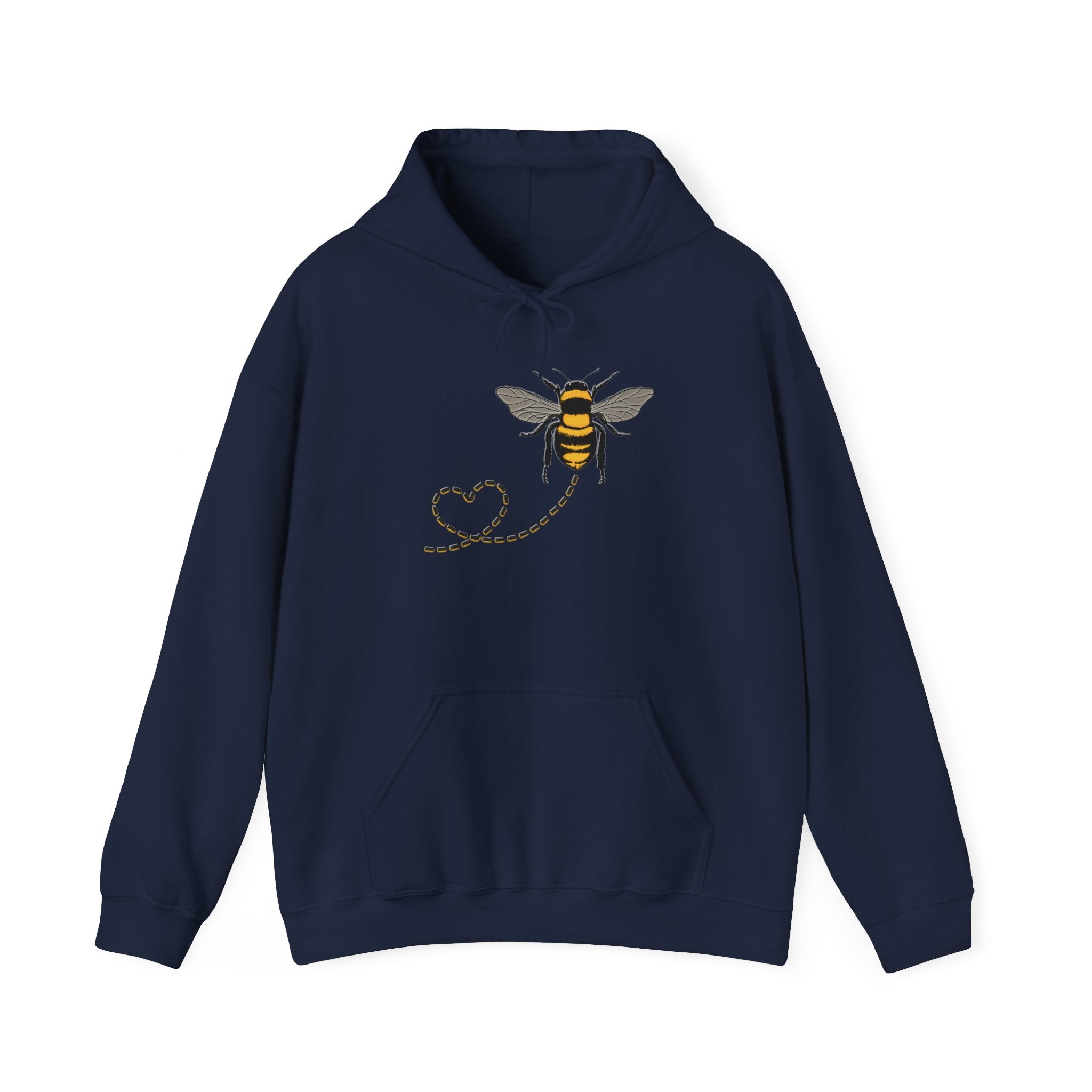 Navy blue hoodie with a bee and heart design on a white background