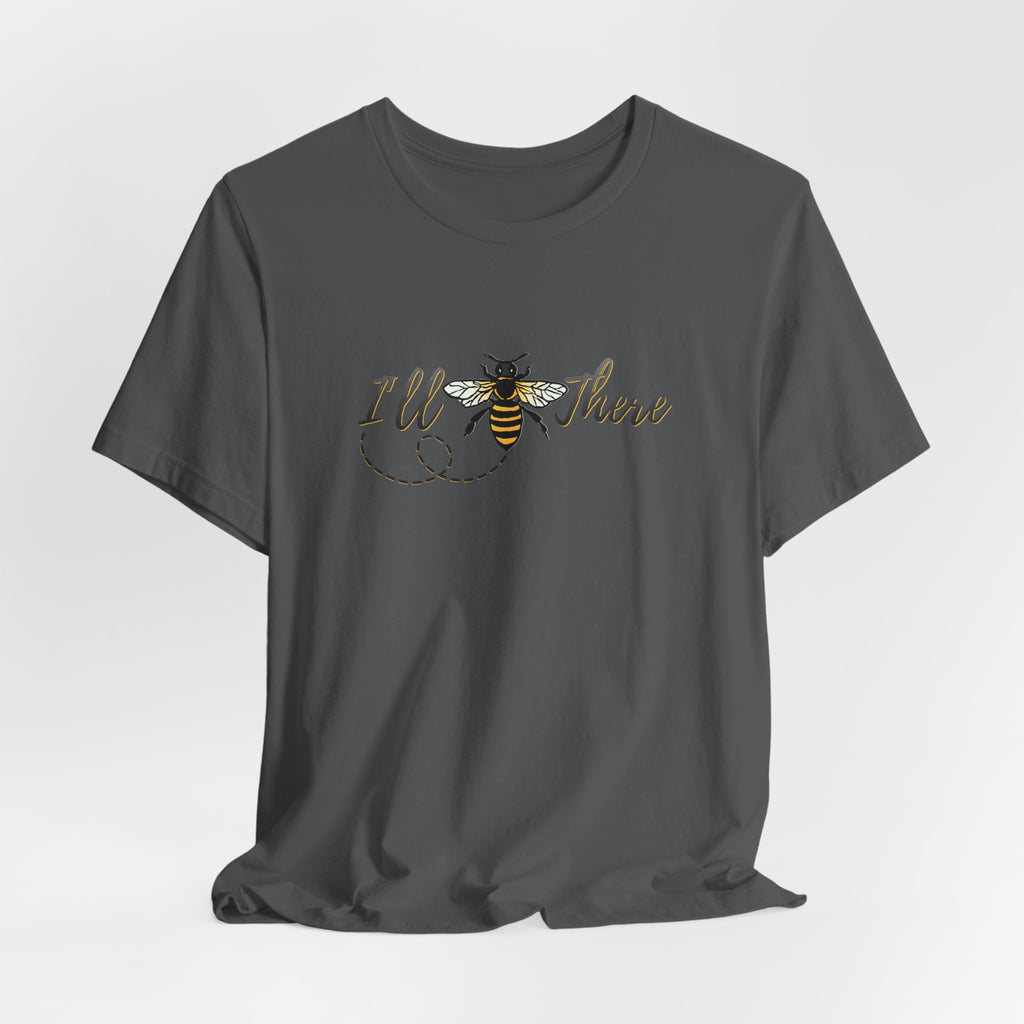 Gray t-shirt with a bee graphic and text on a white background