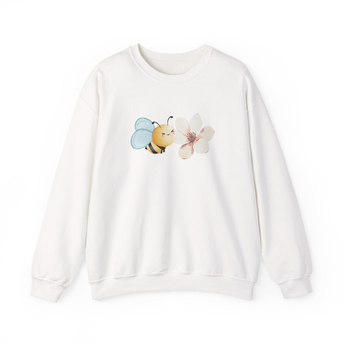White sweatshirt with a bee and flower design on a white background