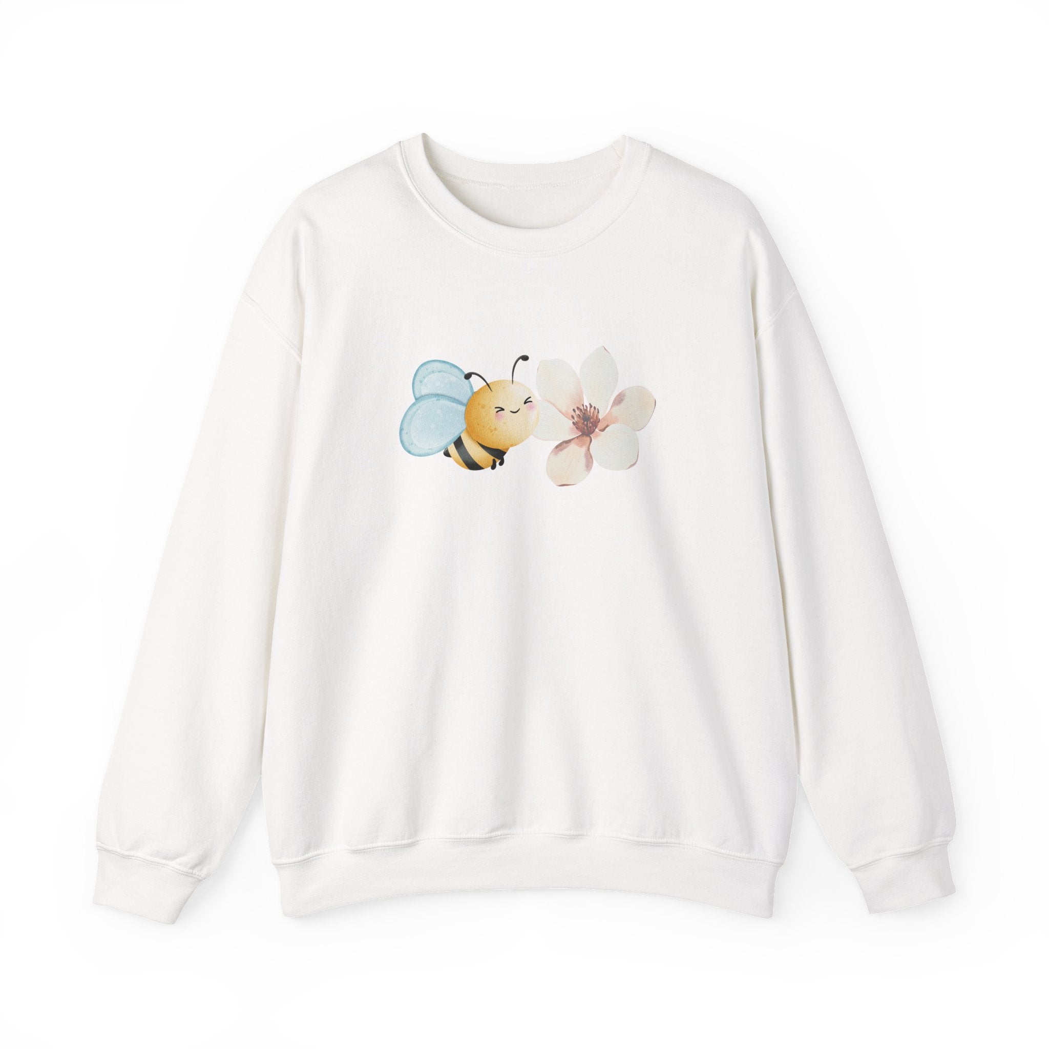 White sweatshirt with a bee and flower design on a white background