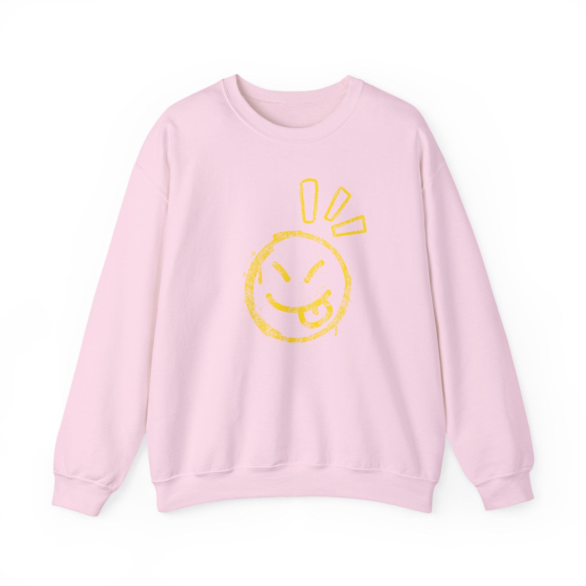 Pink sweatshirt with a yellow smiley face design on a white background