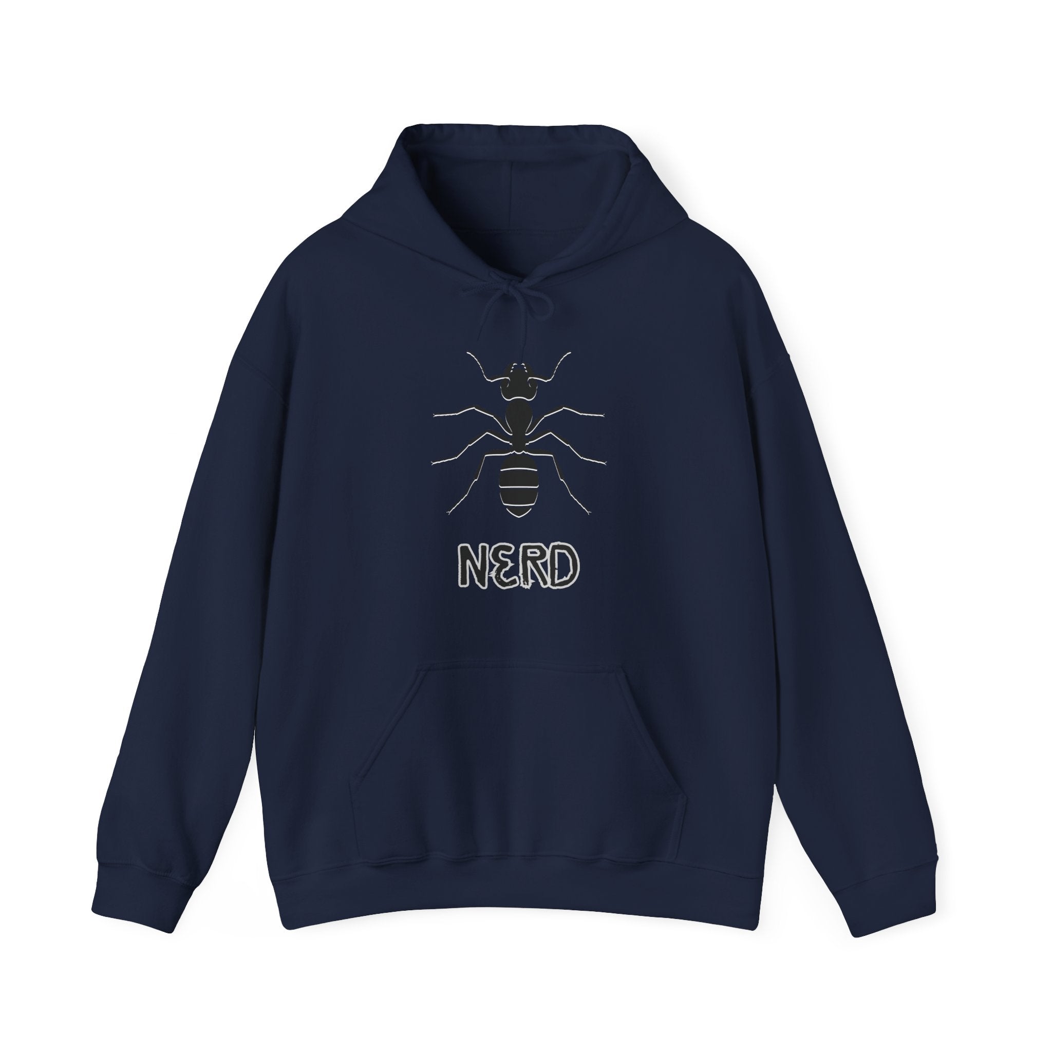 Navy blue hoodie with an ant logo and text "Nerd" on a white background