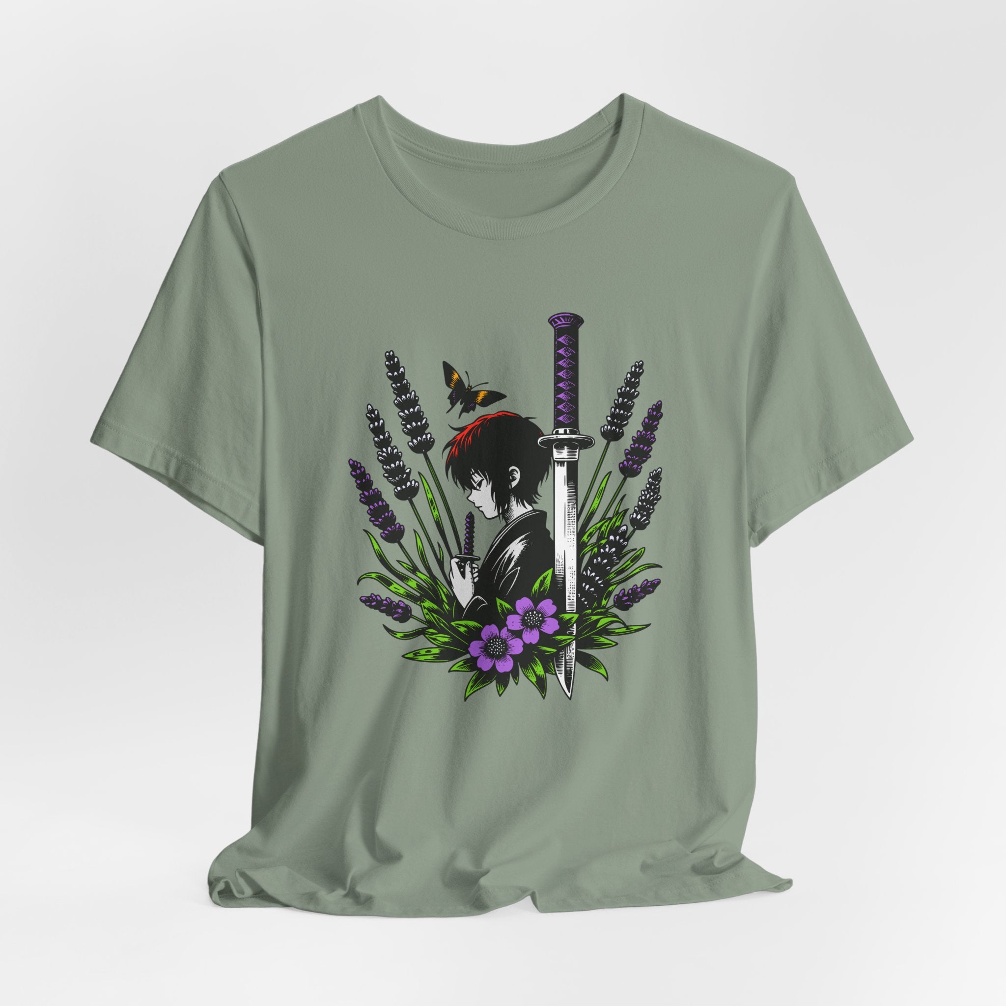 Green t-shirt with a graphic design of a woman, sword, and flowers on a white background