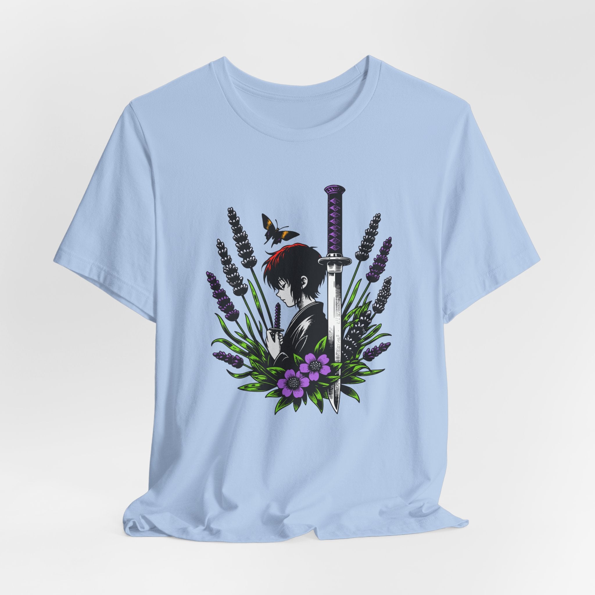 Light blue t-shirt with an anime-style design featuring a character, flowers, and a sword on a light gray background.