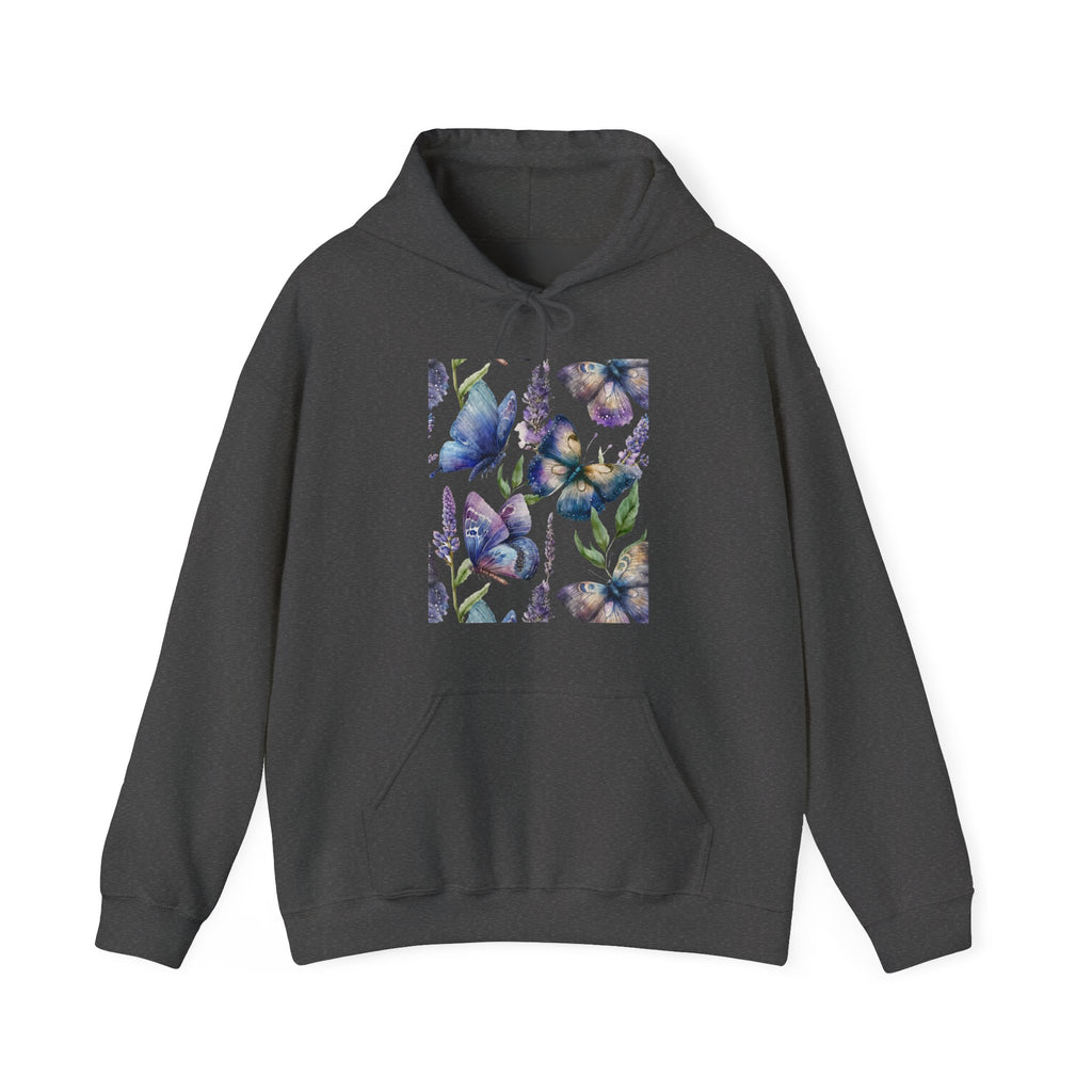 Dark gray hoodie with butterfly design on a white background