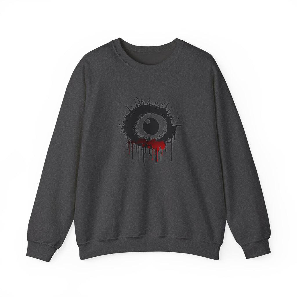 Dark gray sweatshirt with a black eye design and red accents on a white background