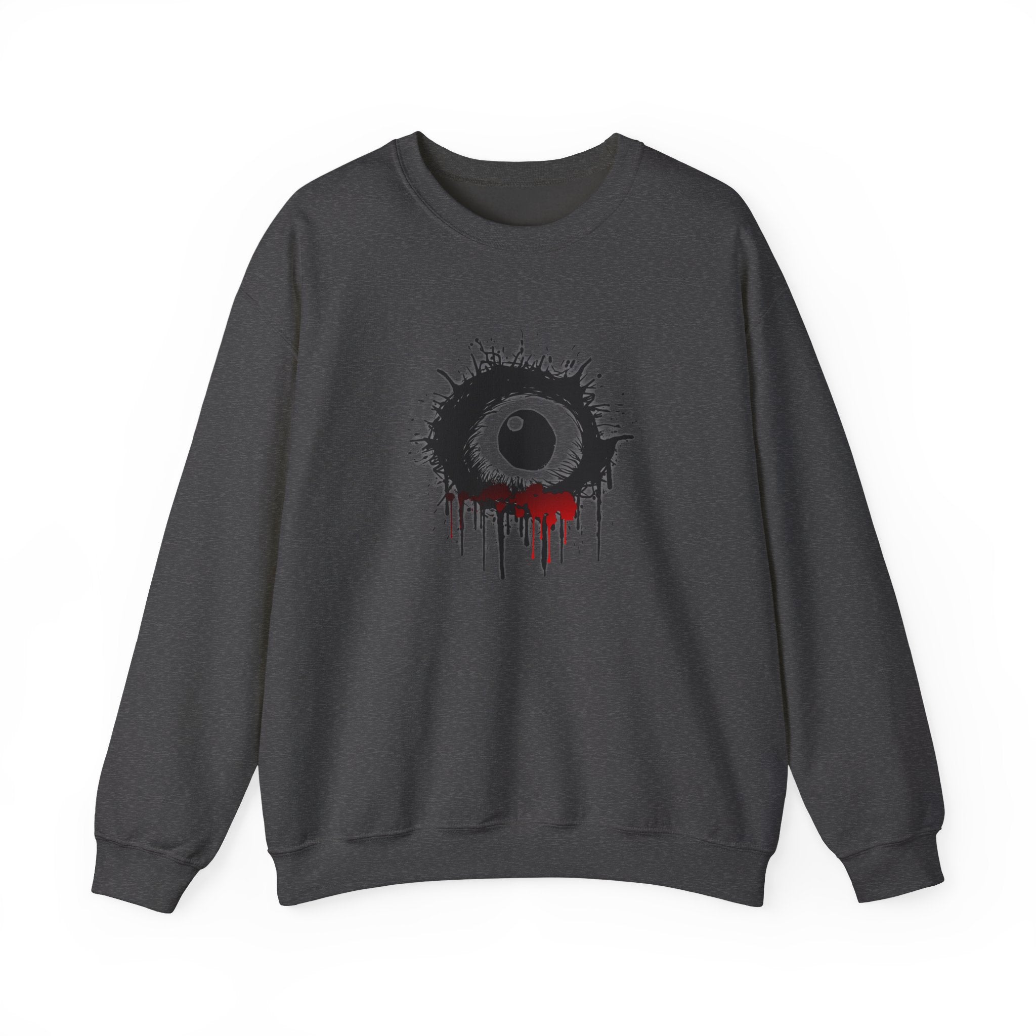 Dark gray sweatshirt with a black eye design and red accents on a white background