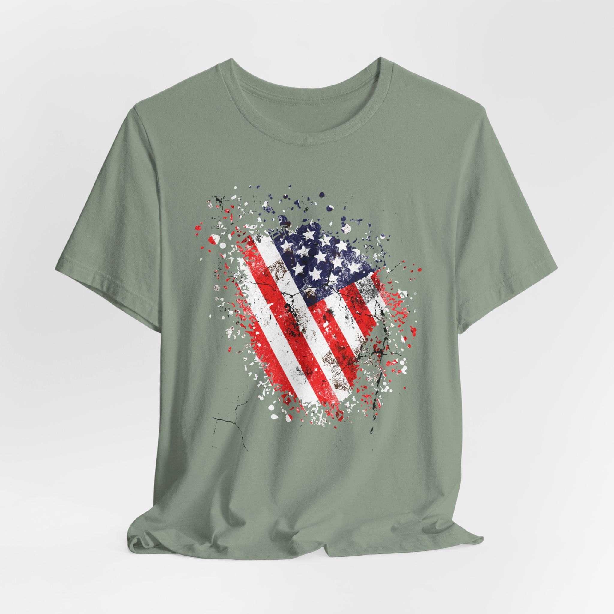 Green t-shirt with American flag graphic on a light gray background