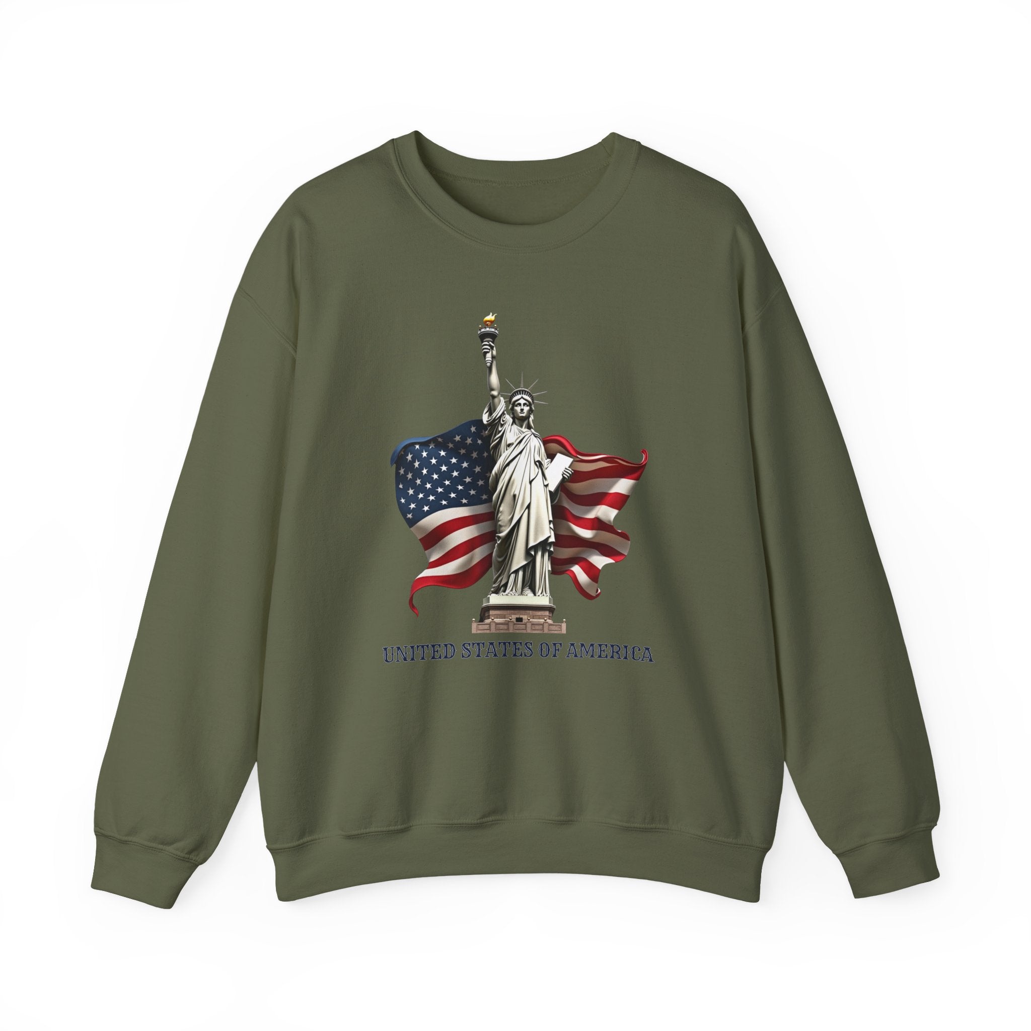 Green sweatshirt with Statue of Liberty and American flag design on a white background