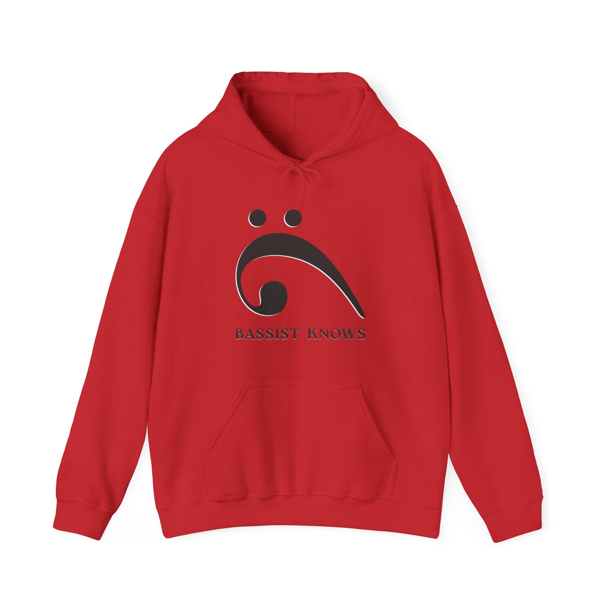 Red hoodie with a black bass clef graphic and "Bassist Knows" text on a white background