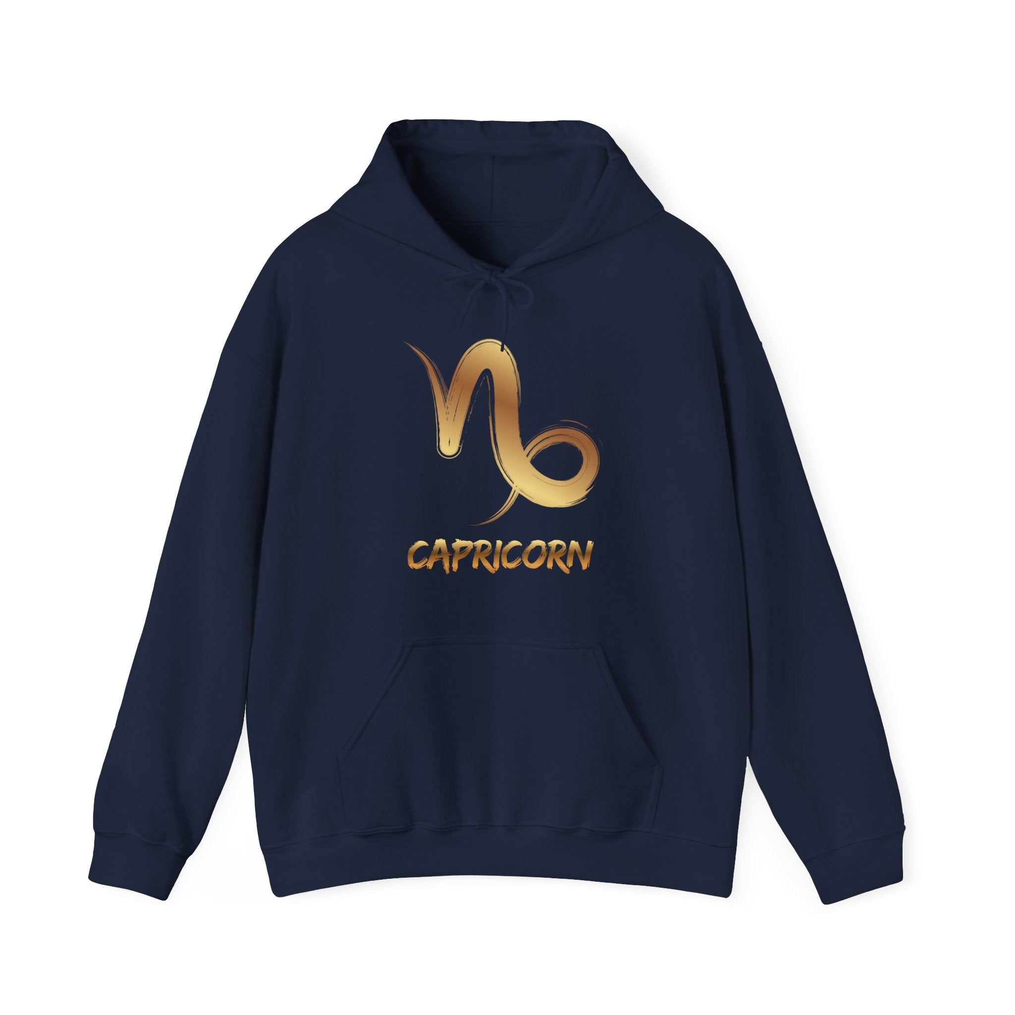 Navy blue hoodie with gold Capricorn zodiac symbol on a white background