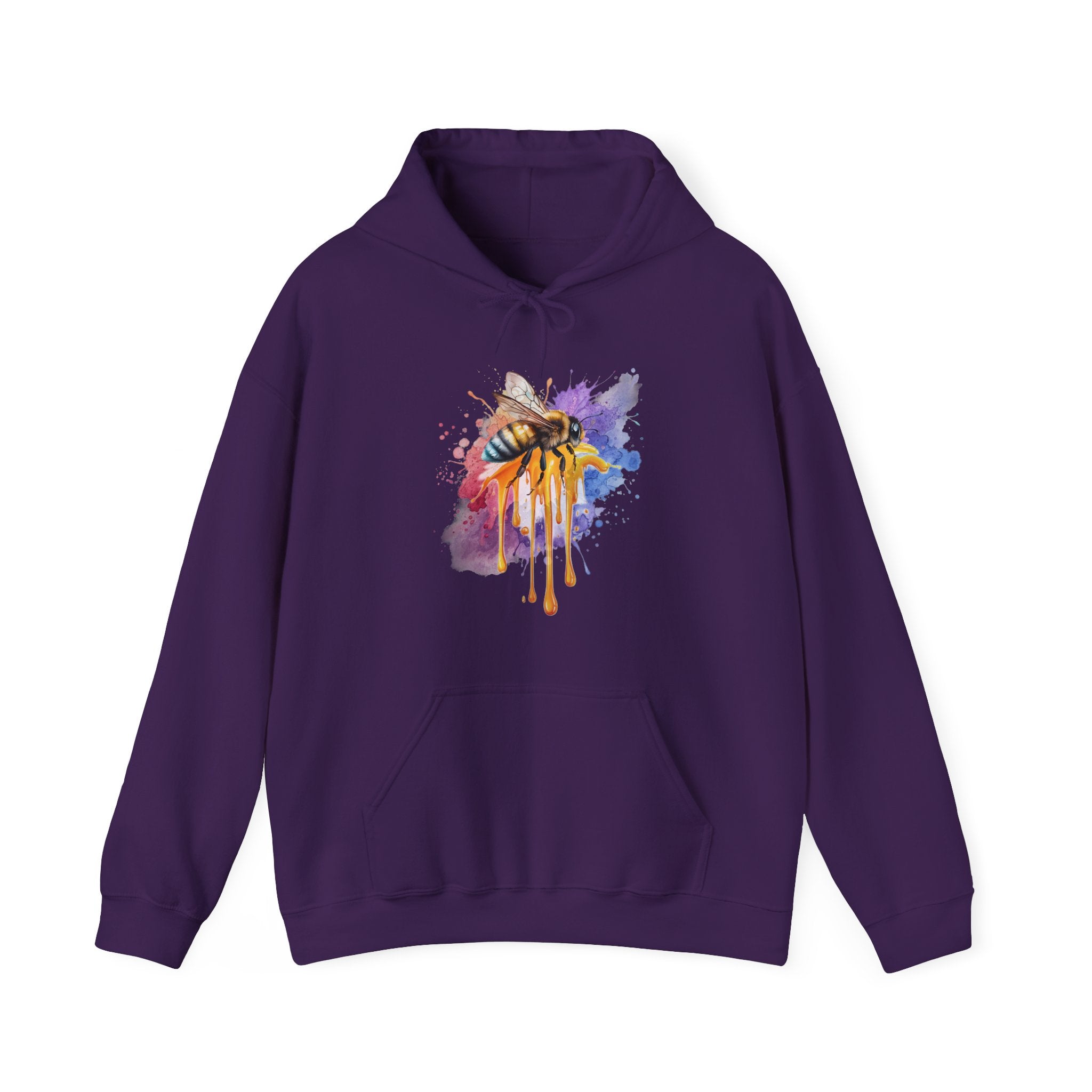 Purple hoodie with a colorful bee design on a white background