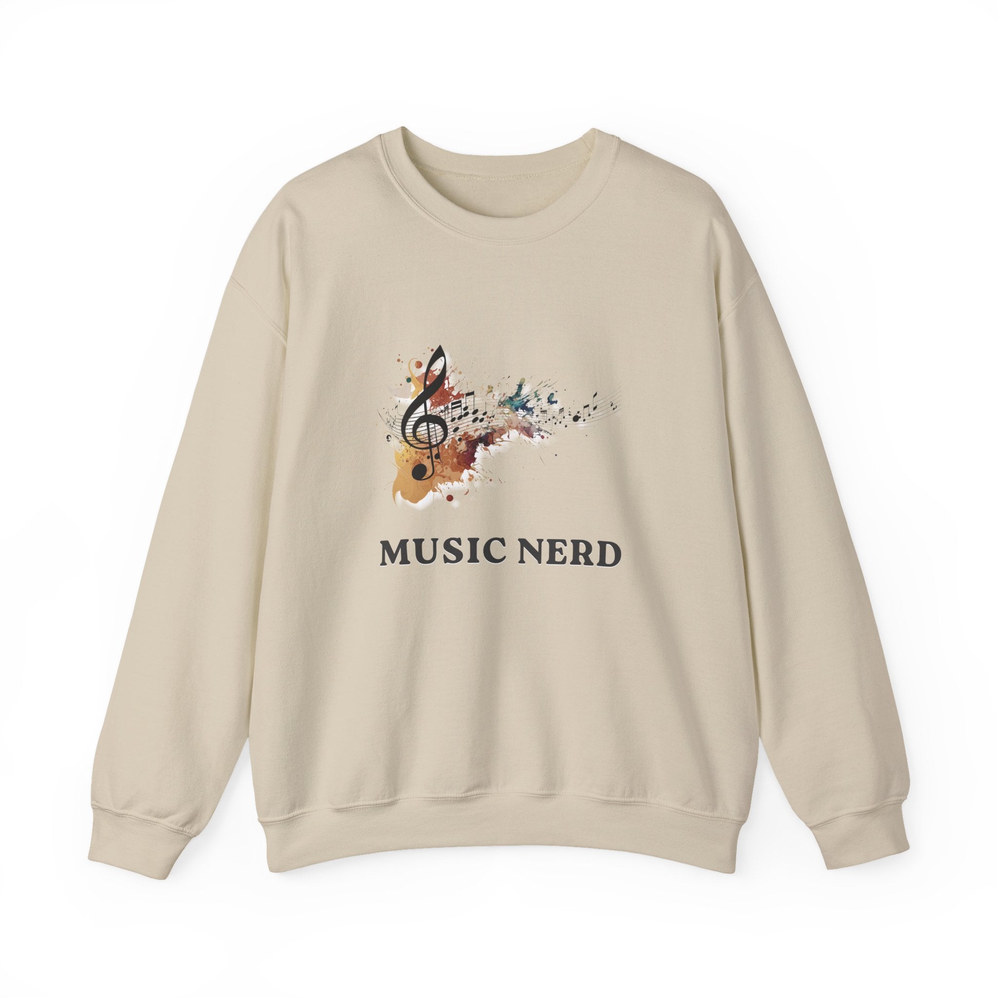 Beige sweatshirt with a graphic of a music note and 'Music Nerd' text on a white background