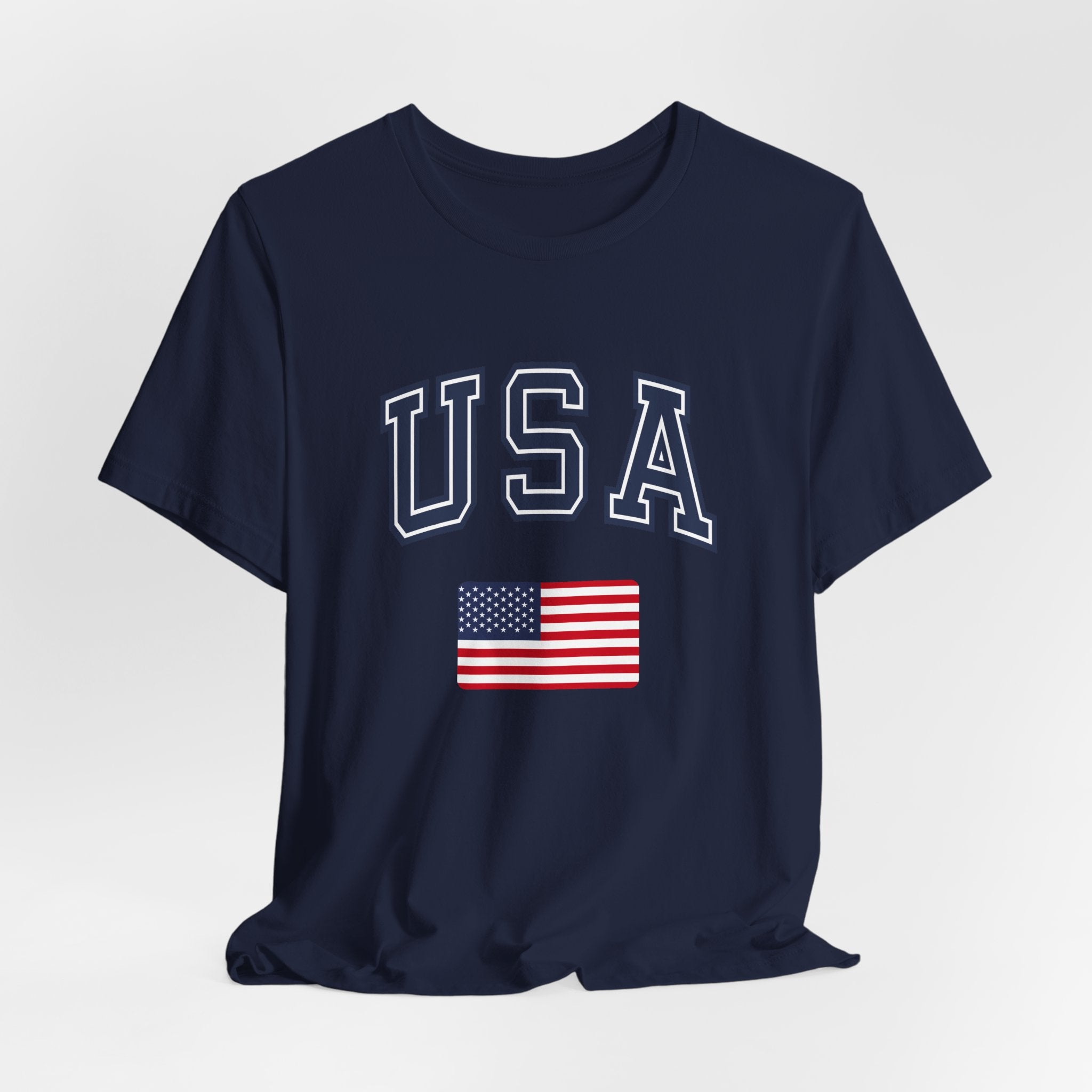 Black t-shirt with 'USA' text and American flag on a white background