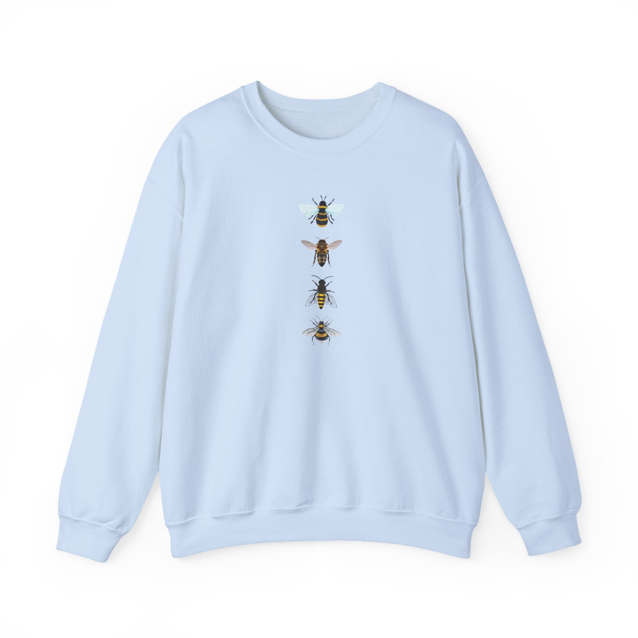 Light blue sweatshirt with bee illustrations on a white background